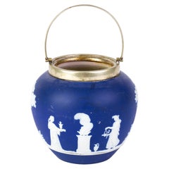 Antique Victorian Wedgwood Portland Blue Jasperware Cameo Neoclassical Handled Jar 