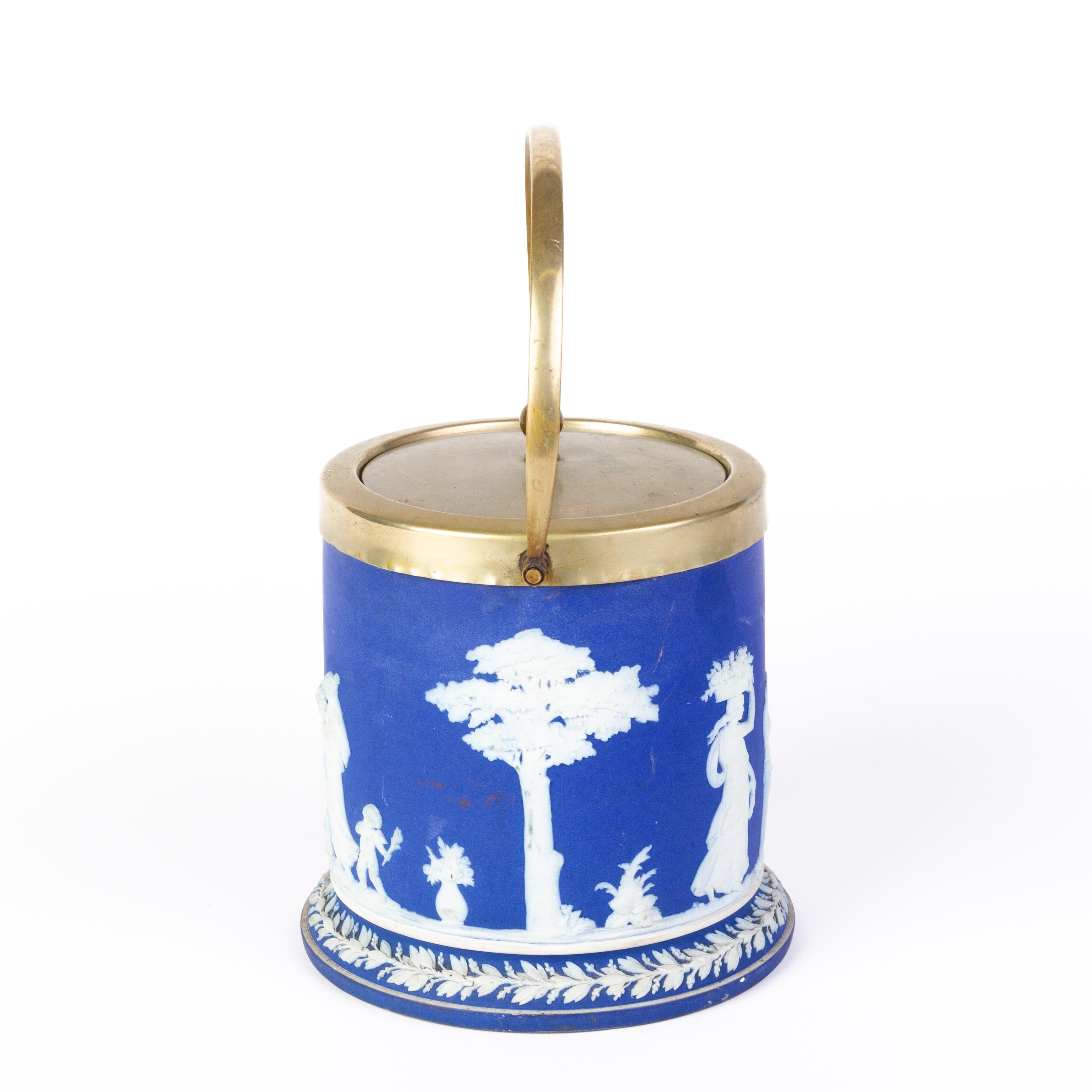 19th Century Victorian Wedgwood Portland Blue Jasperware Cameo Neoclassical Lidded Jar For Sale