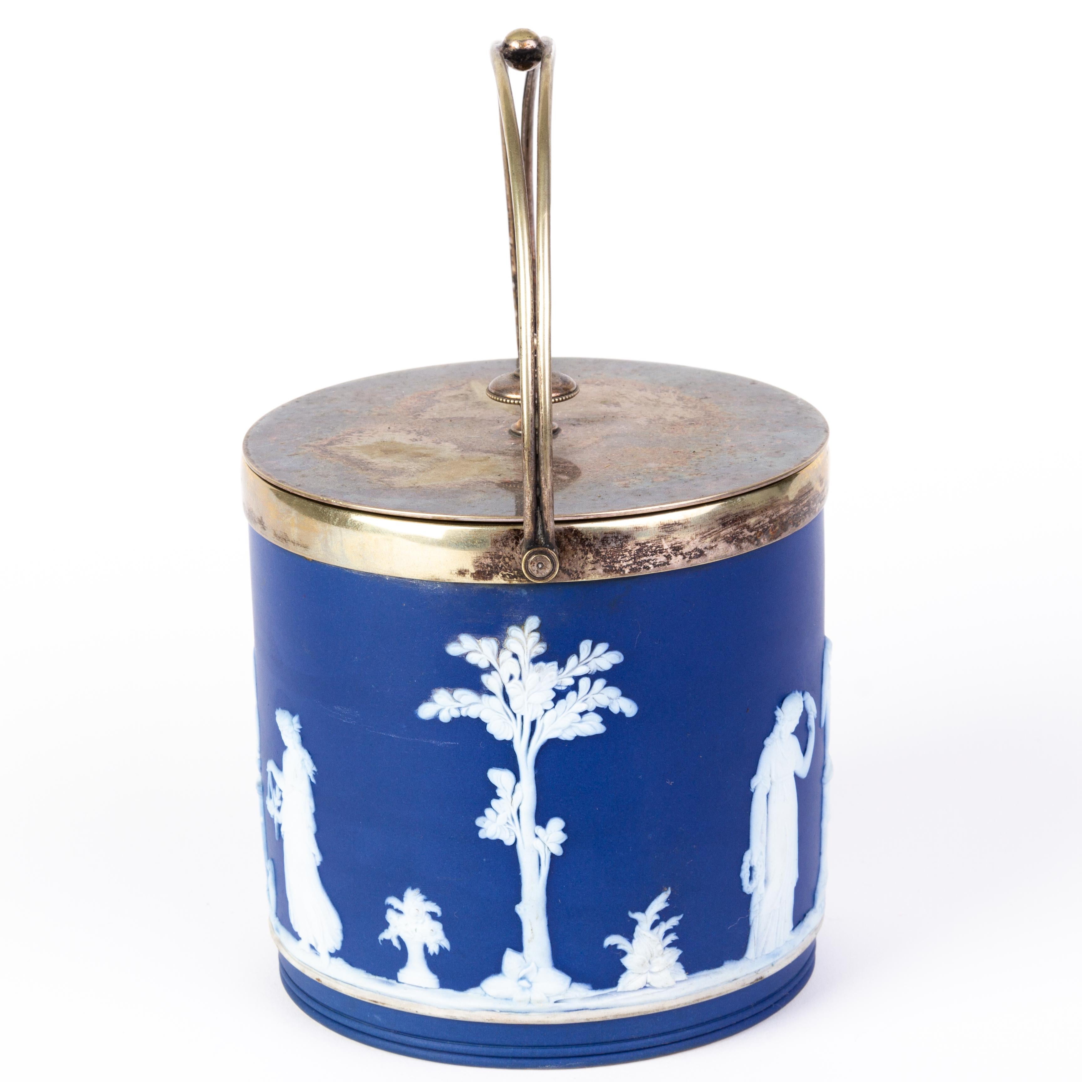 19th Century Victorian Wedgwood Portland Blue Jasperware Cameo Neoclassical Lidded Jar  For Sale