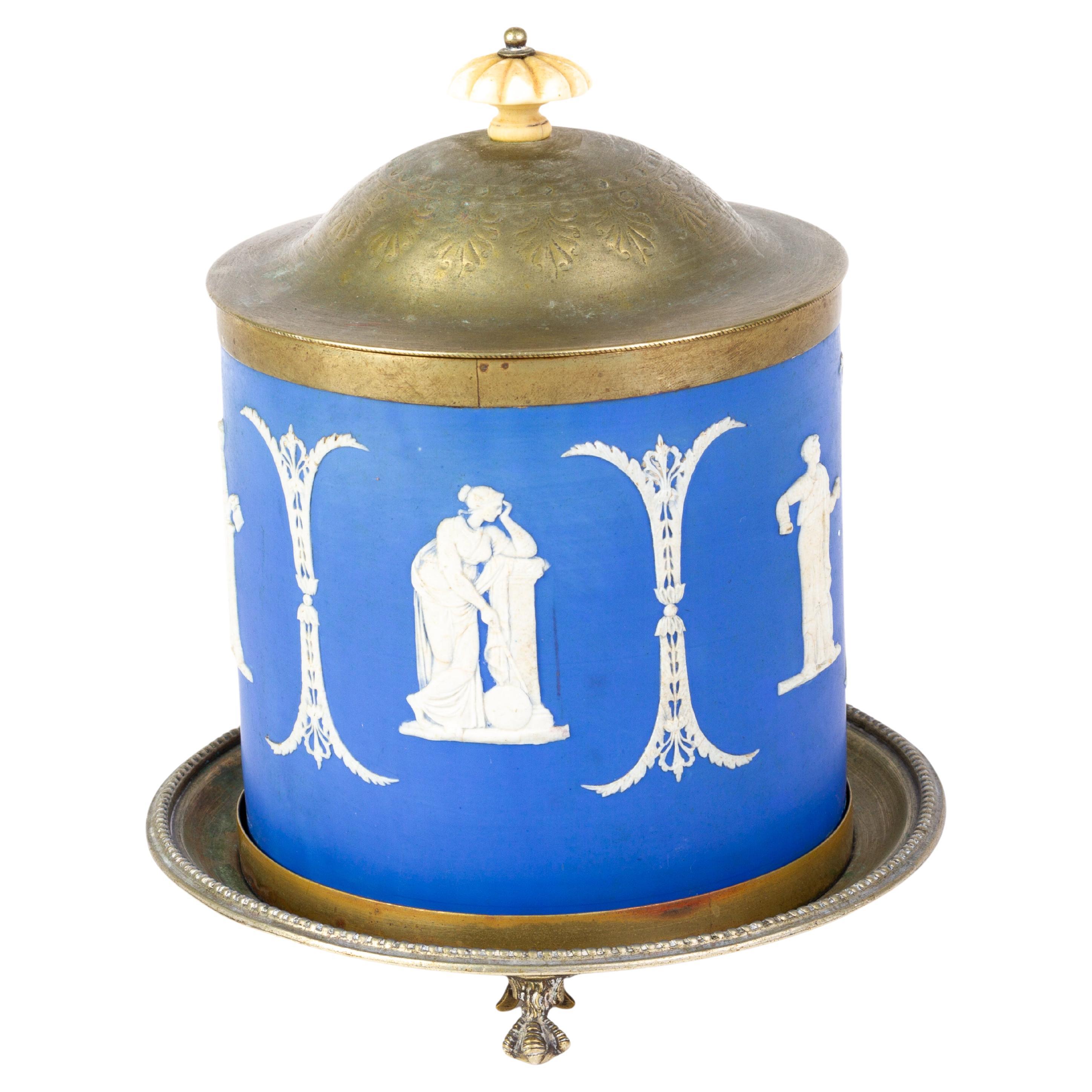Victorian Wedgwood Portland Blue Jasperware Cameo Neoclassical Lidded Jar For Sale