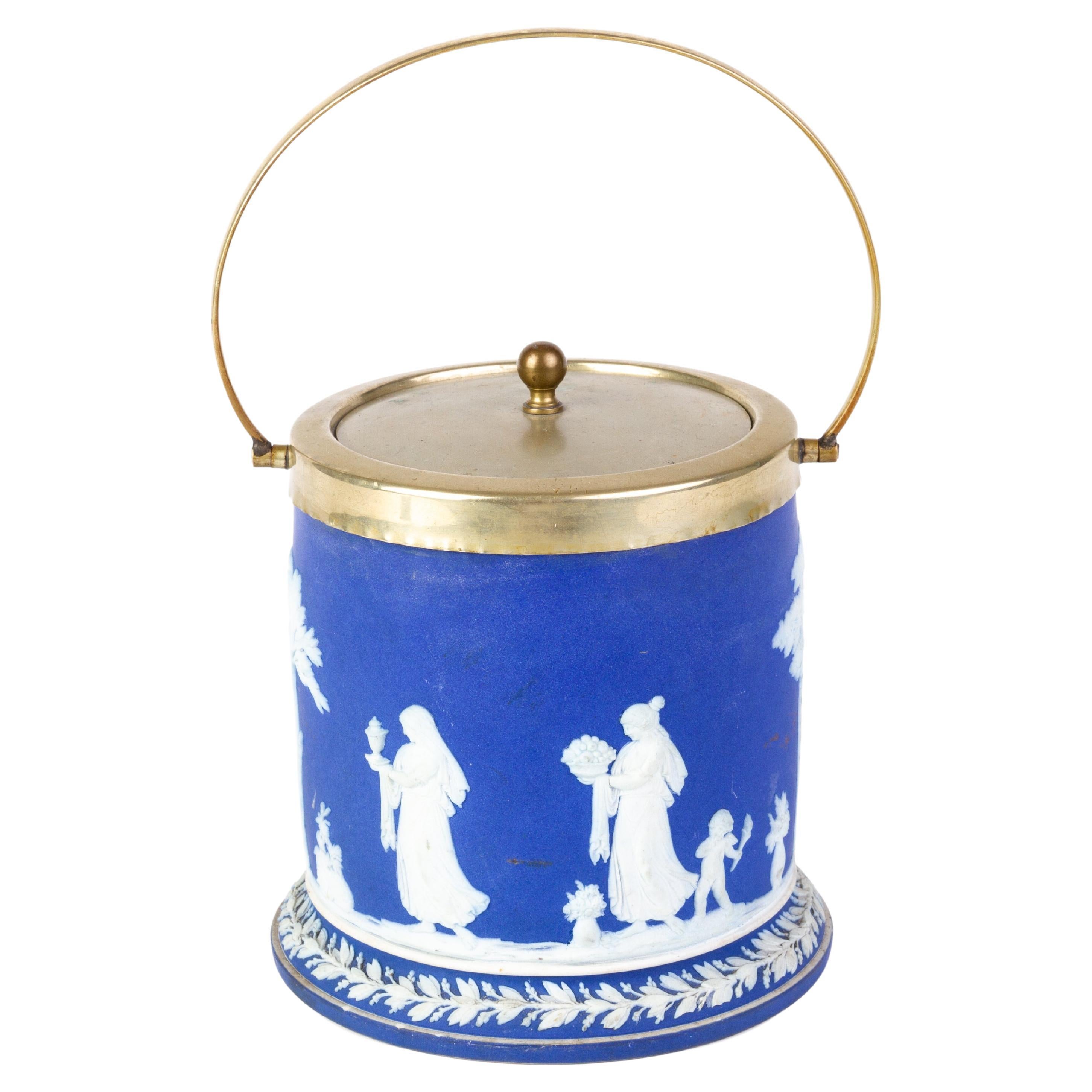 Victorian Wedgwood Portland Blue Jasperware Cameo Neoclassical Lidded Jar For Sale