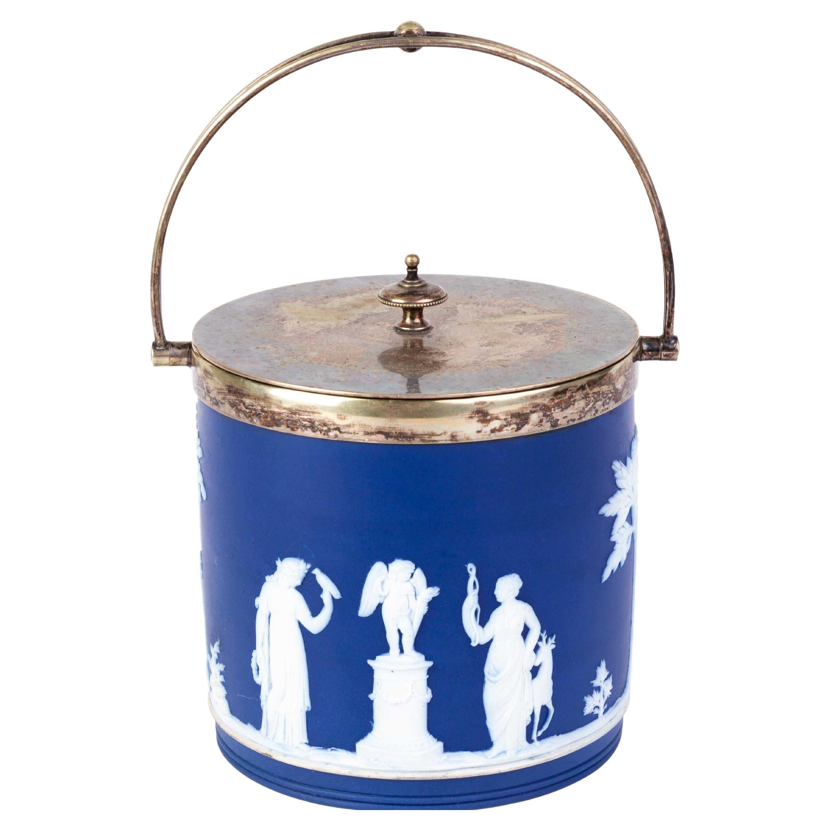Victorian Wedgwood Portland Blue Jasperware Cameo Neoclassical Lidded Jar  For Sale