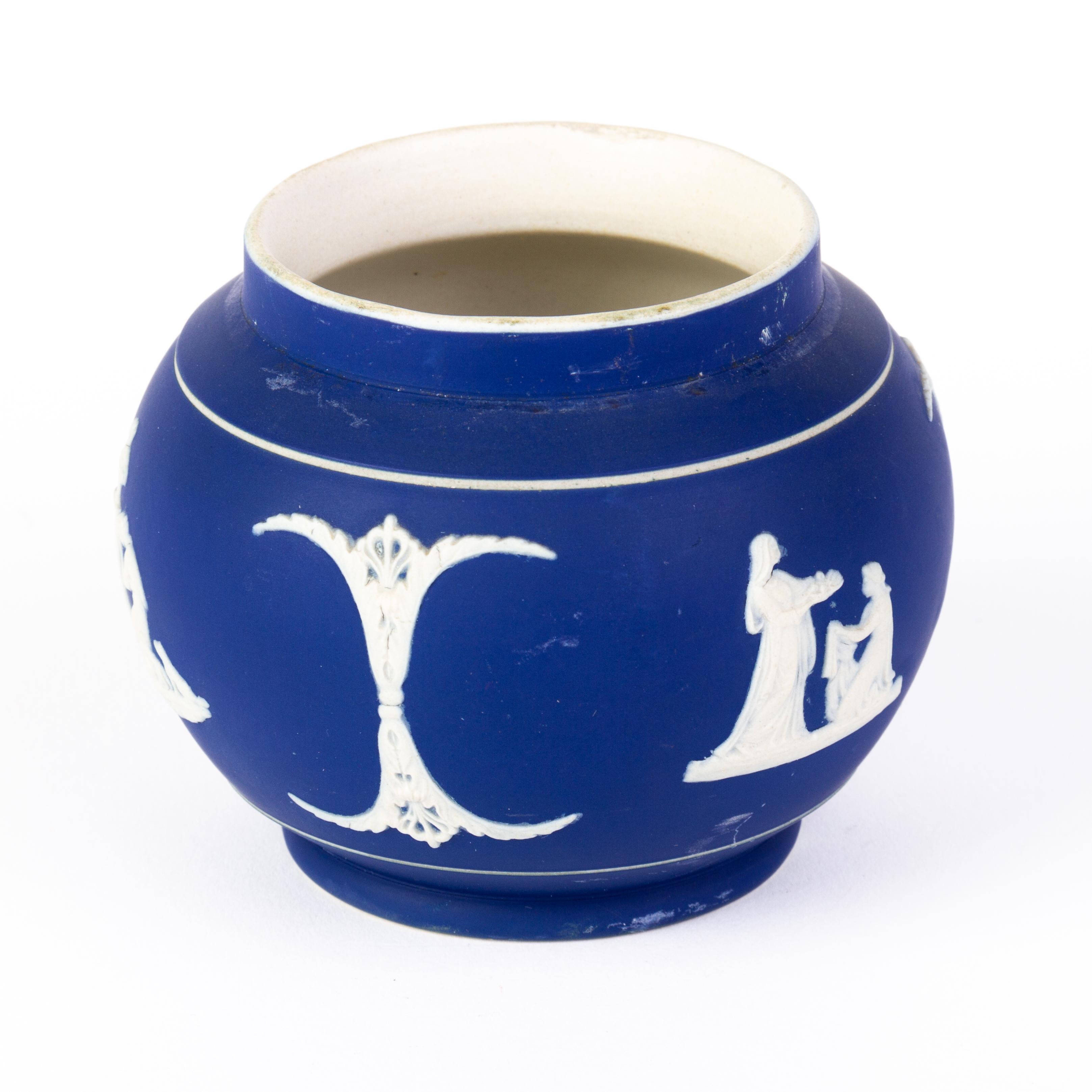 19th Century Victorian Wedgwood Portland Blue Jasperware Neoclassical Cameo Ball Vase  For Sale