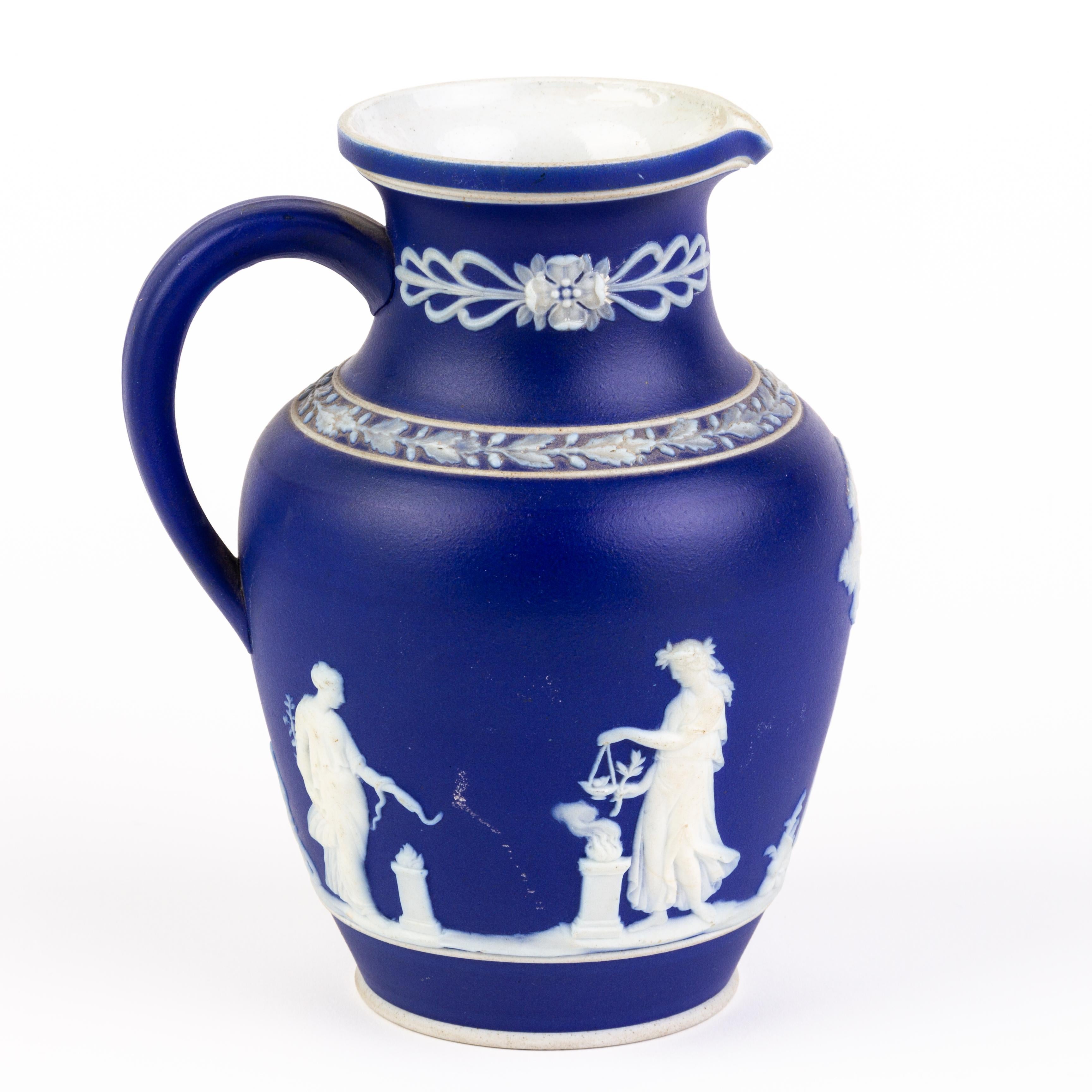 Victorian Wedgwood Portland Blue Jasperware Neoclassical Cameo Jug Pitcher  In Good Condition In Nottingham, GB