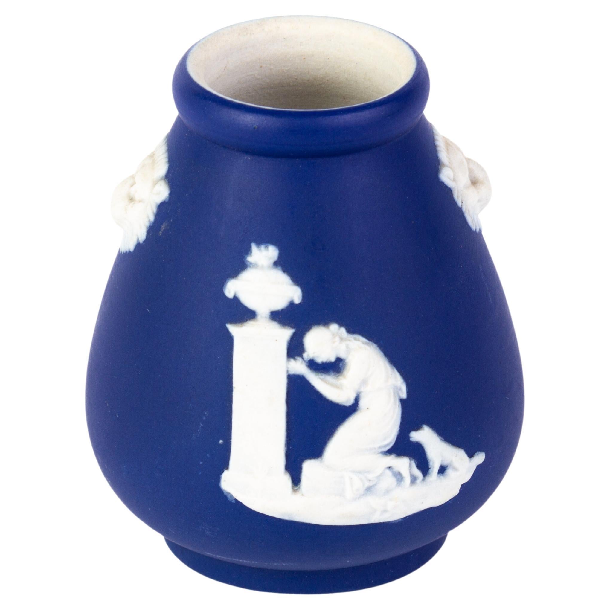 Victorian Wedgwood Portland Blue Jasperware Neoclassical Cameo Miniature Vase 