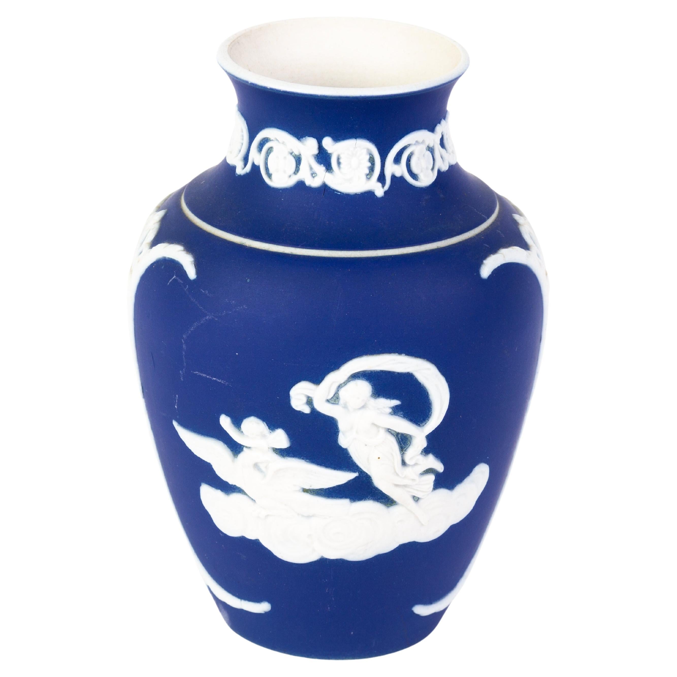 Victorian Wedgwood Portland Blue Jasperware Neoclassical Cameo Vase 