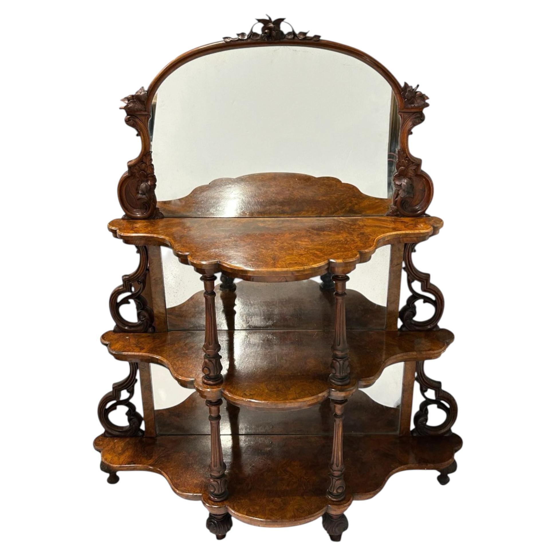 Victorian Whatnot Bookshelf Walnut Mirrored Etagere 1860