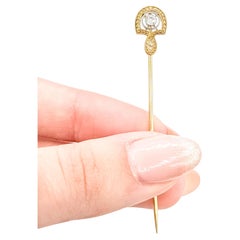 Victorian Wheat-Pattern Seed Pearl & Diamond Stick Pin in 14k Yellow Gold