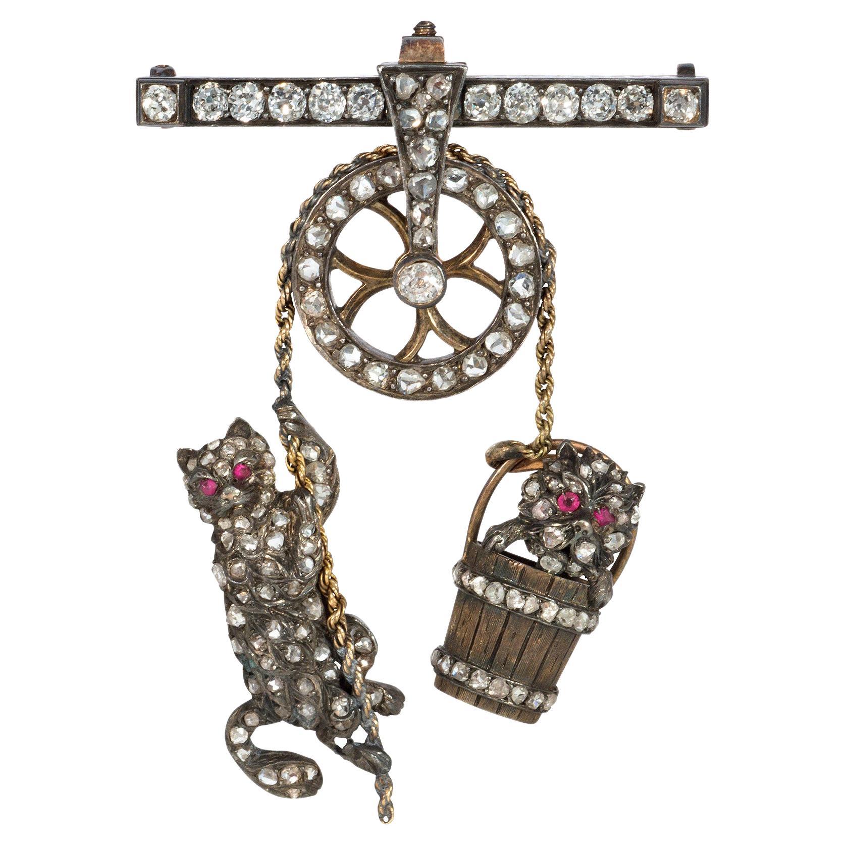 Victorian Whimsical Diamond Mechanical Pulley Brooch with Cat and Dog For Sale