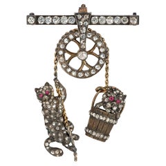 Used Victorian Whimsical Diamond Mechanical Pulley Brooch with Cat and Dog