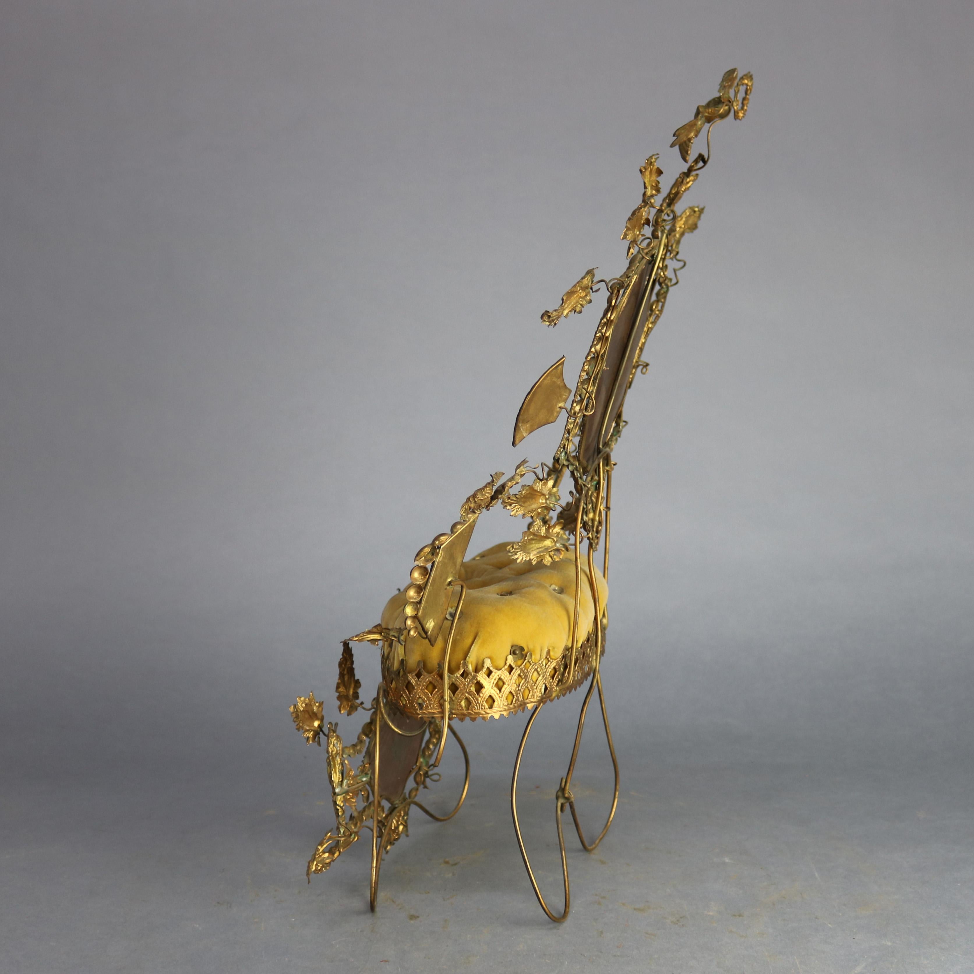 French Victorian Whimsical Mirrored Gilt Brass Upholstered Miniature Throne Pin Cushion