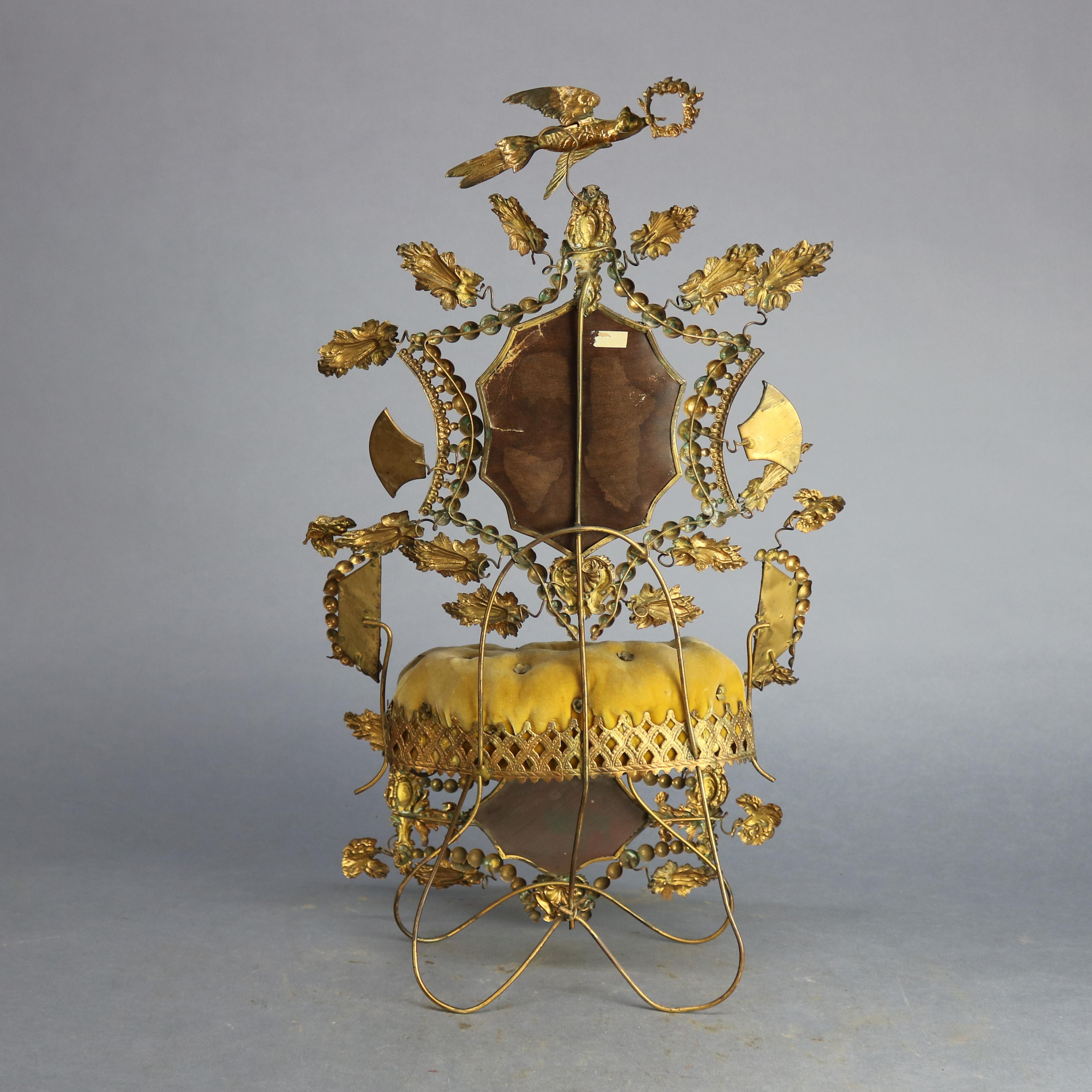 Cast Victorian Whimsical Mirrored Gilt Brass Upholstered Miniature Throne Pin Cushion