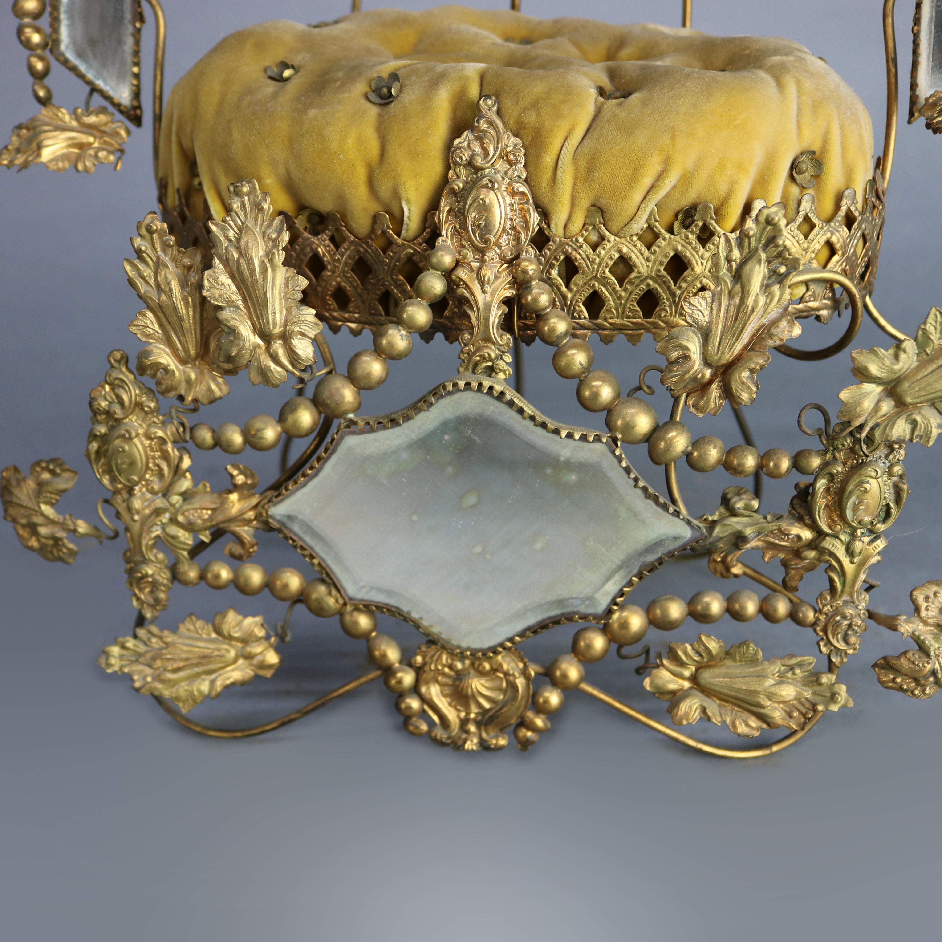 Victorian Whimsical Mirrored Gilt Brass Upholstered Miniature Throne Pin Cushion In Good Condition In Big Flats, NY