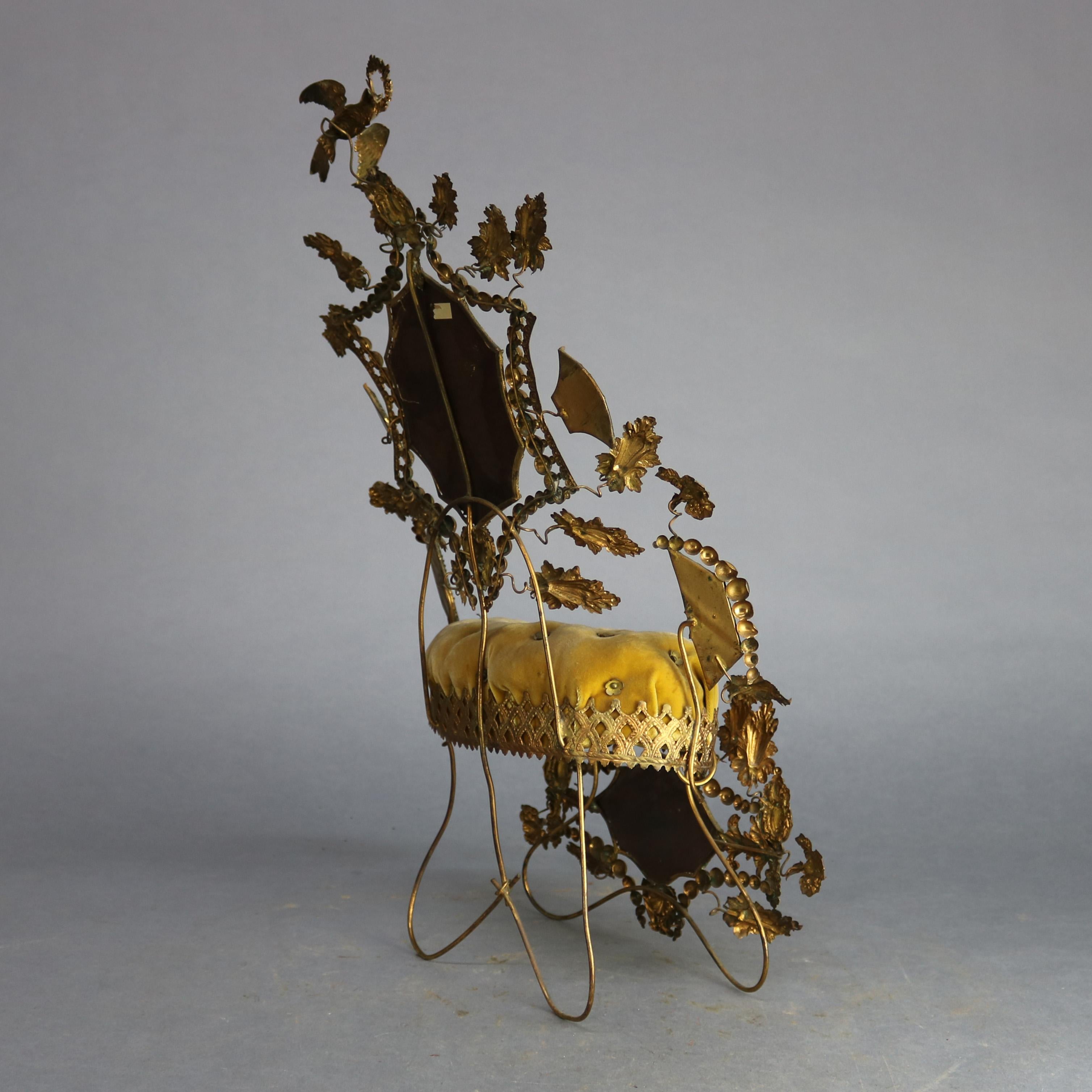 19th Century Victorian Whimsical Mirrored Gilt Brass Upholstered Miniature Throne Pin Cushion