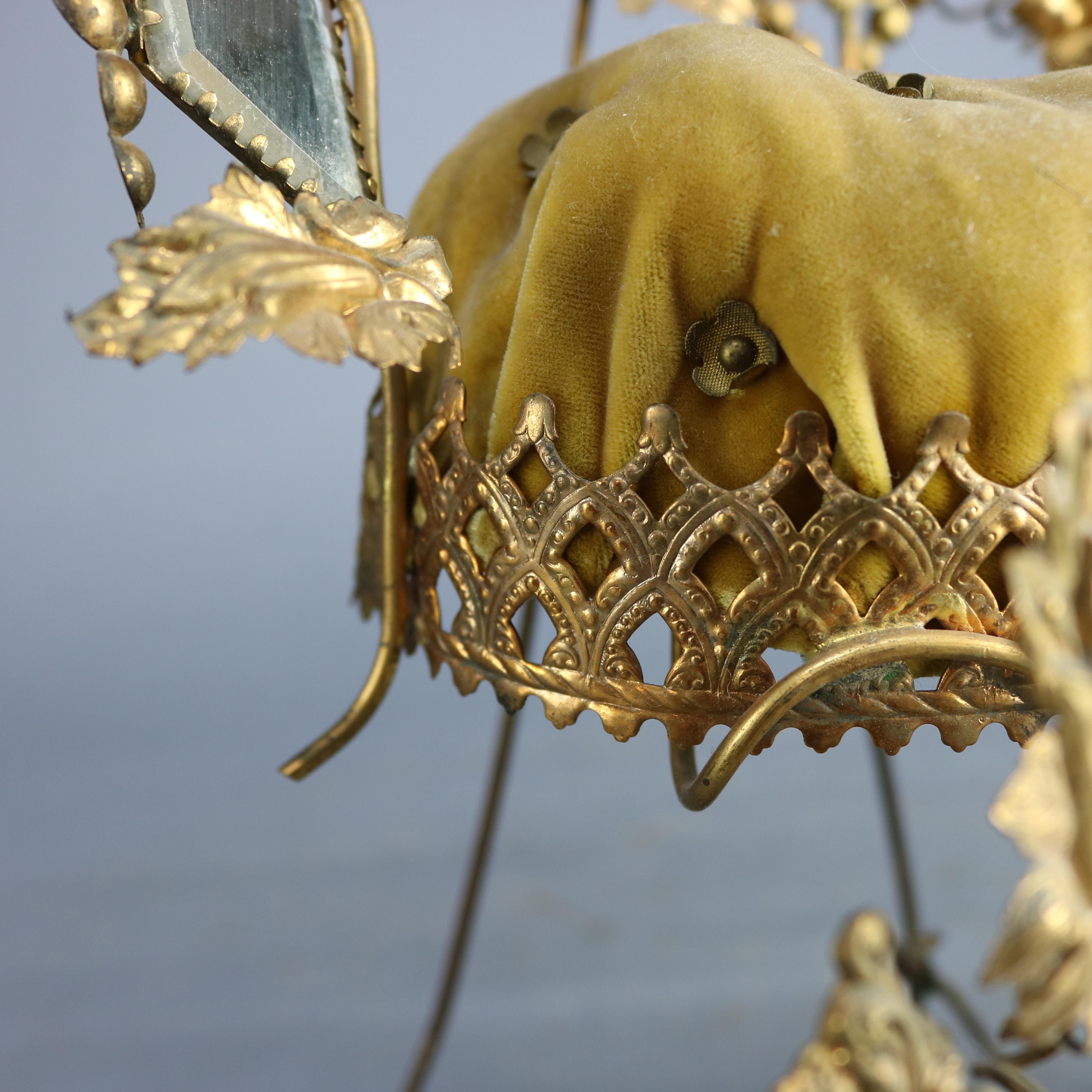 Upholstery Victorian Whimsical Mirrored Gilt Brass Upholstered Miniature Throne Pin Cushion