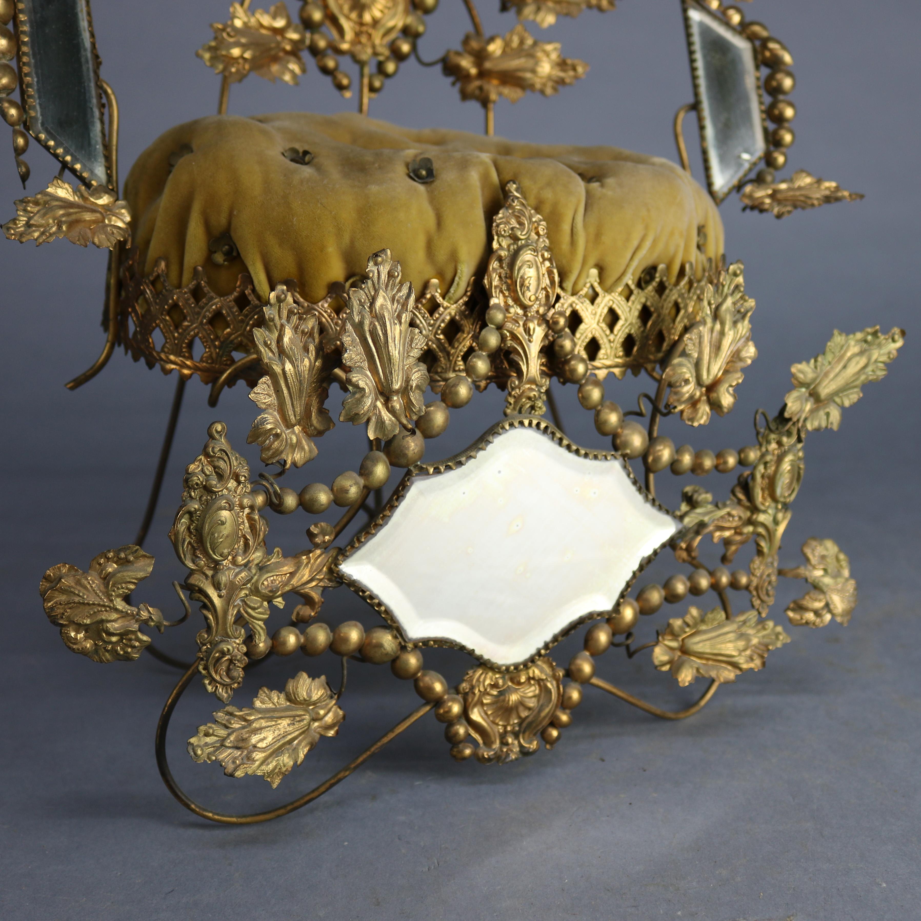 Victorian Whimsical Mirrored Gilt Brass Upholstered Miniature Throne Pin Cushion 1