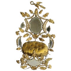 Antique Victorian Whimsical Mirrored Gilt Brass Upholstered Miniature Throne Pin Cushion