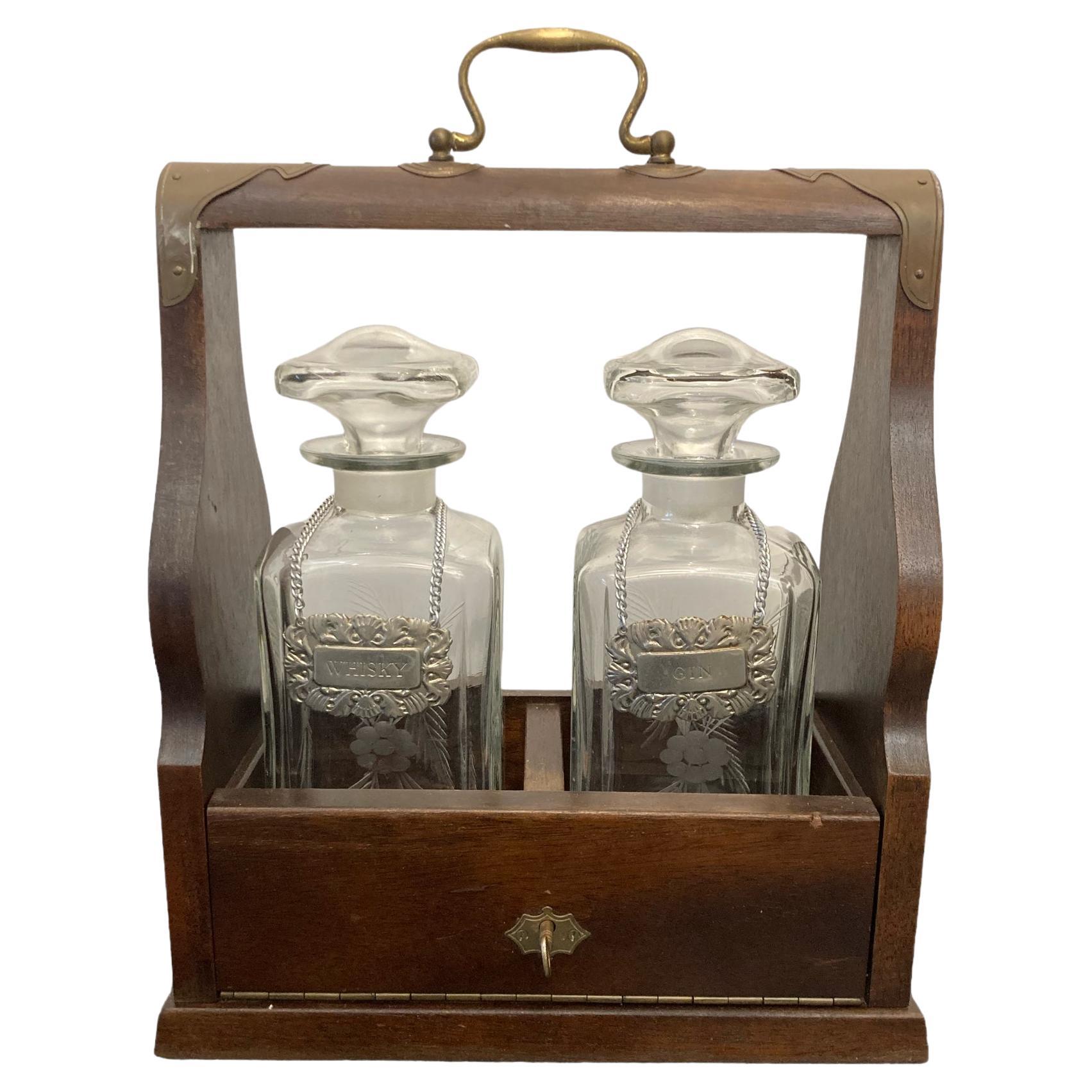 Victorian Whiskey & Gin Decanter Tantalus With Key  For Sale