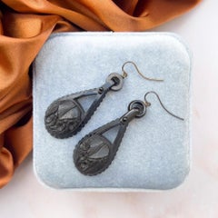 Victorian Whitby Jet Forget-Me-Not Antique Drop Earrings