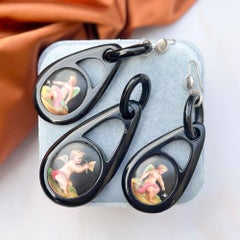 Victorian Whitby Jet Hand-Painted Cherubs Antique Earrings and Pendant Set