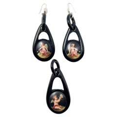 Victorian Whitby Jet Hand-Painted Cherubs Antique Earrings and Pendant Set