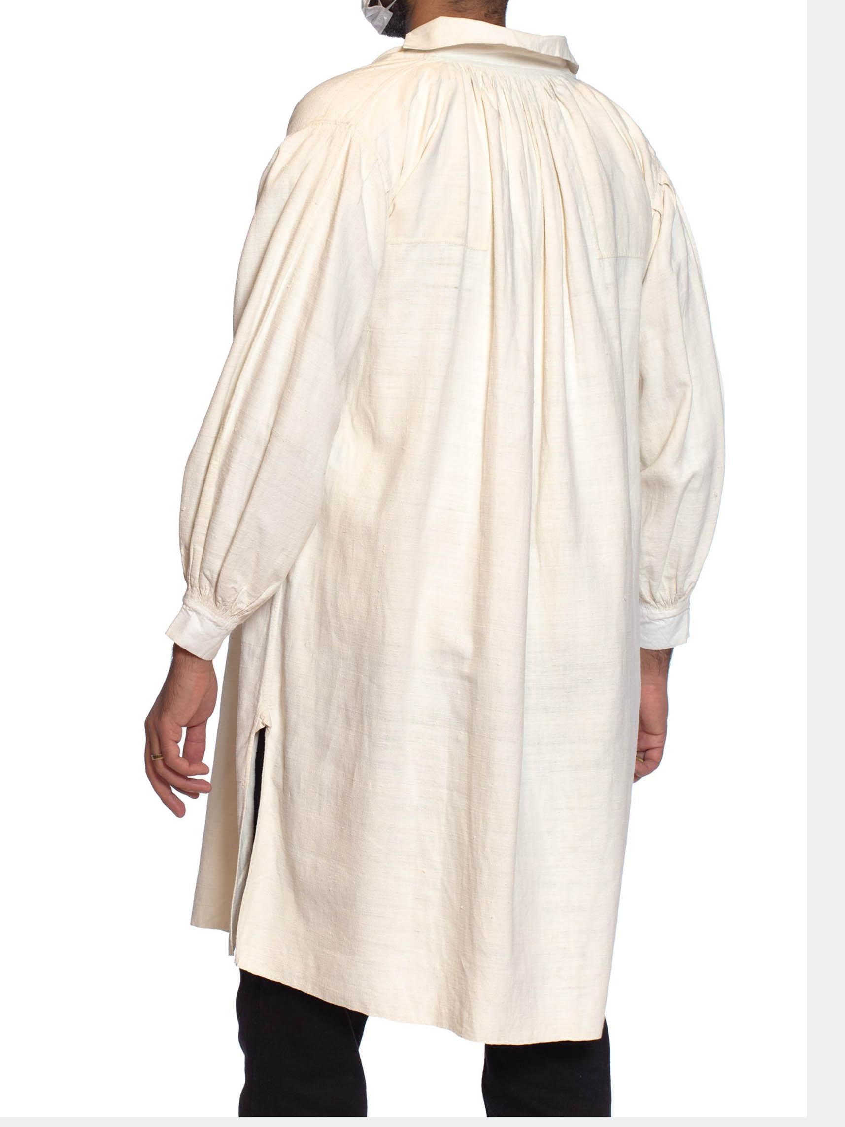 Victorian White Antique Georgian, Men's Raw Linen & Cotton Hand Sewn Shirt For Sale 4