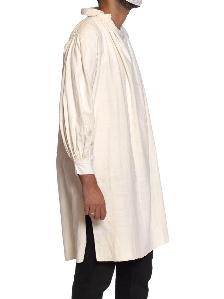 Victorian White Antique Men's Raw Linen and Cotton Hand Sewn