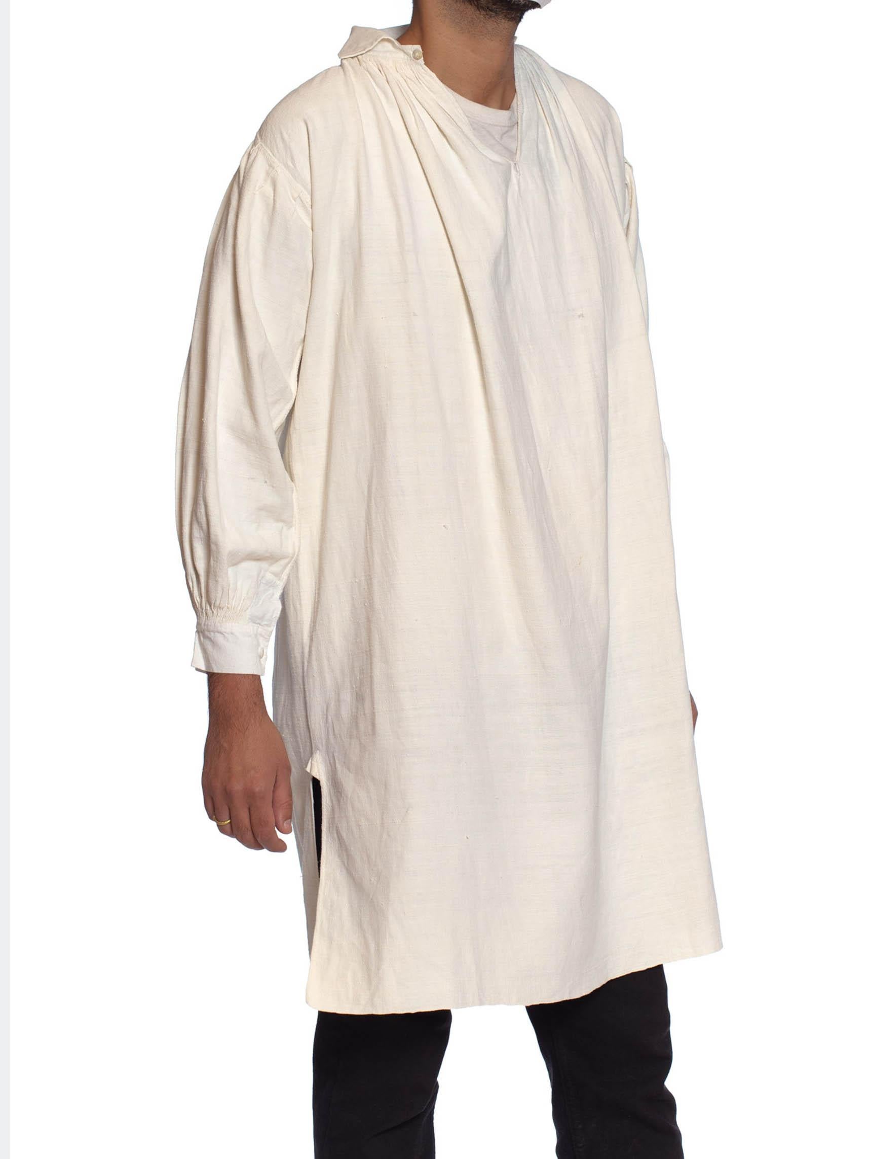 Victorian White Antique Georgian, Men's Raw Linen & Cotton Hand Sewn Shirt For Sale 2