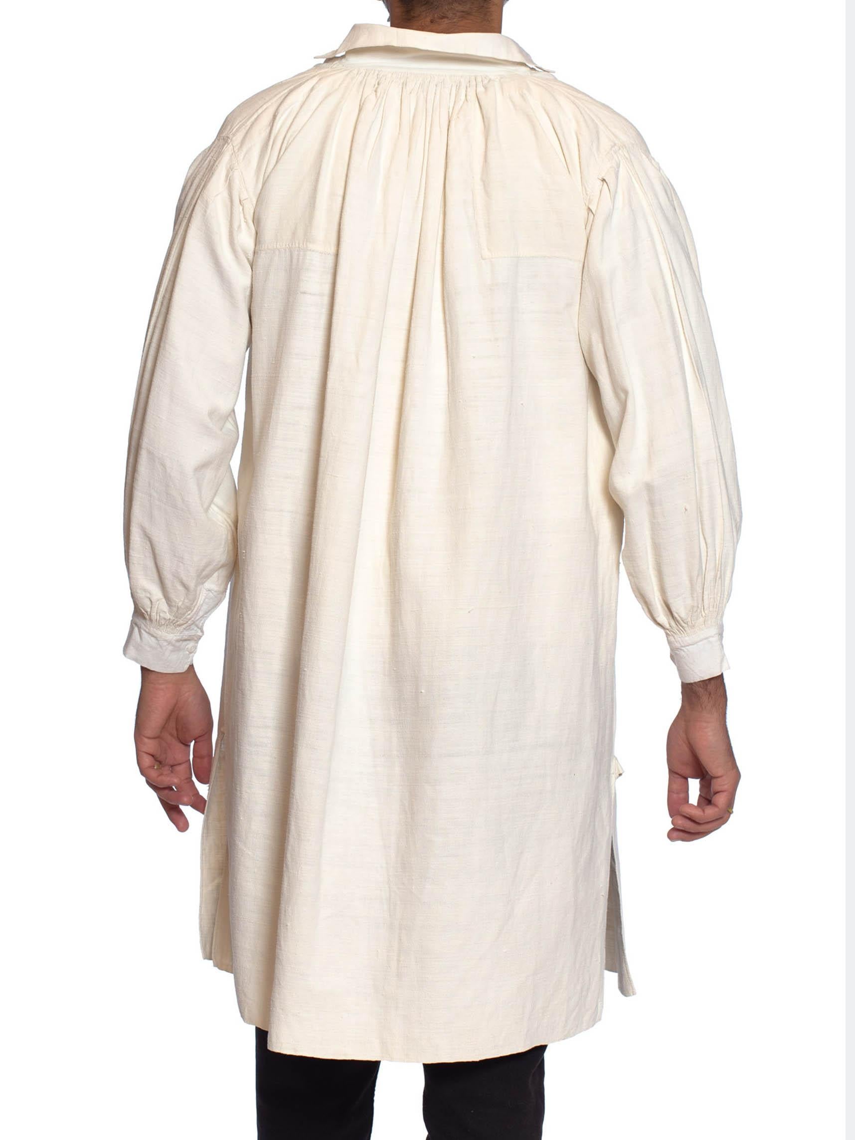 Victorian White Antique Georgian, Men's Raw Linen & Cotton Hand Sewn Shirt For Sale 3