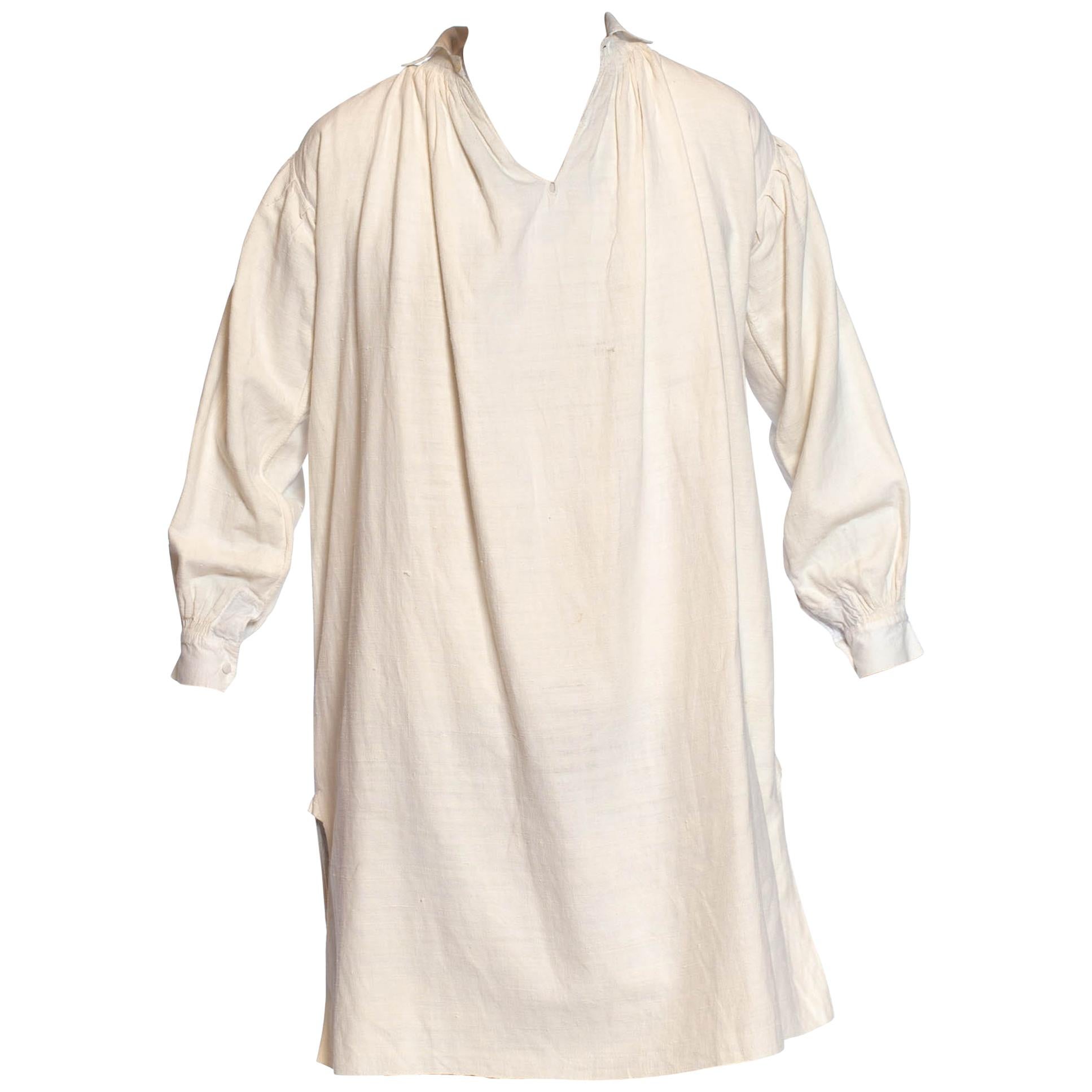 Victorian White Antique Georgian, Men's Raw Linen & Cotton Hand Sewn Shirt For Sale