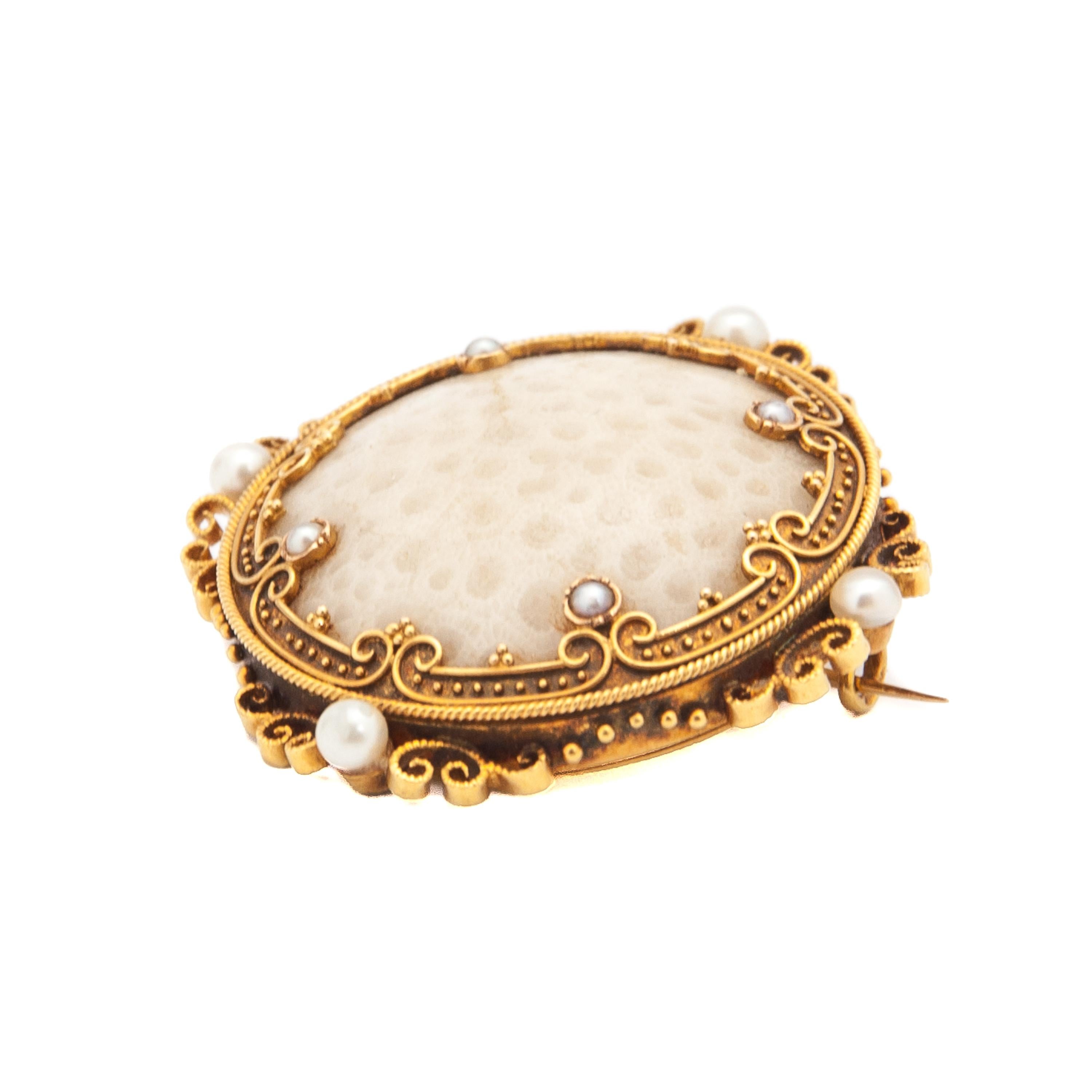 Victorian Antique Fossilized White Coral 18K Gold Seed Pearl Brooch For Sale