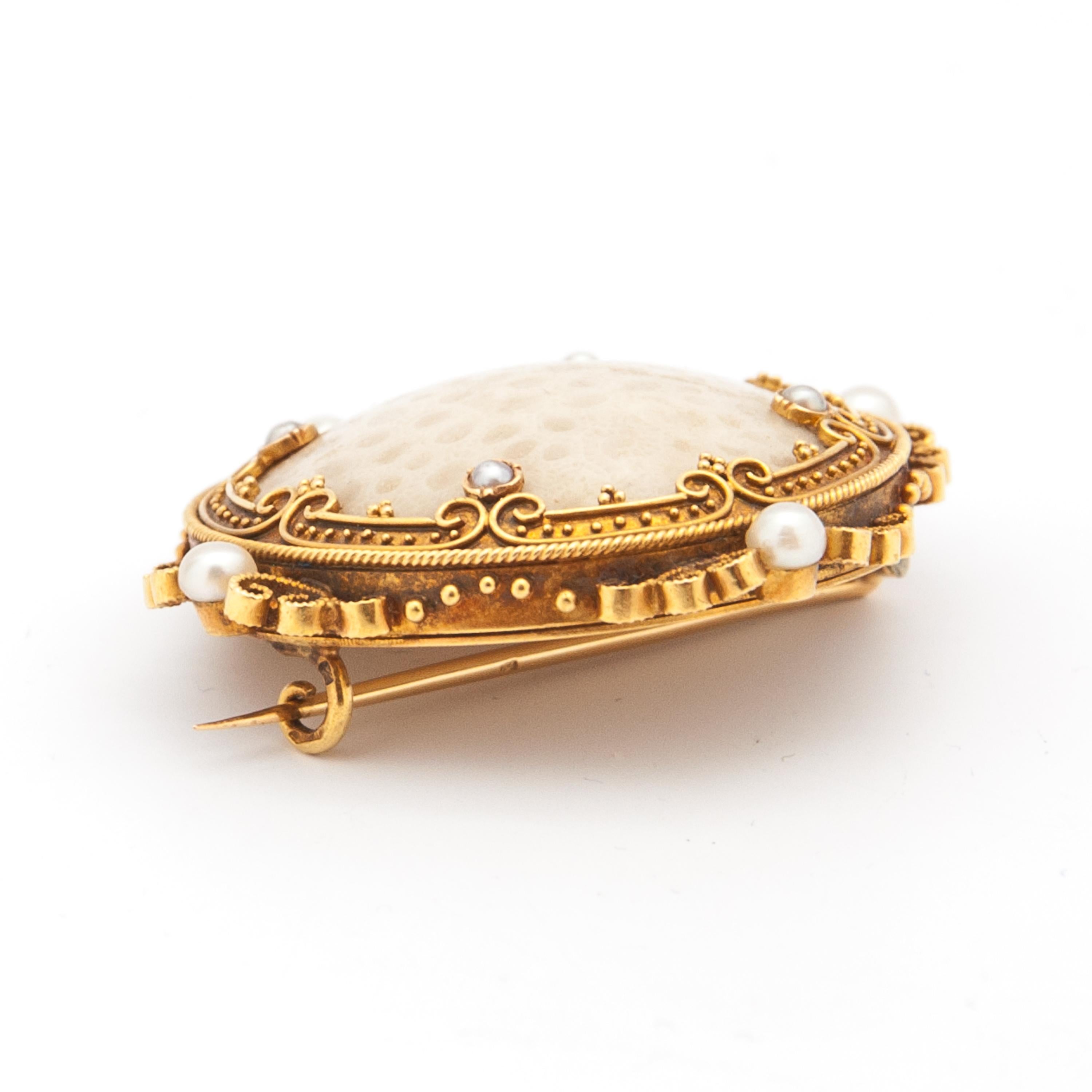 Round Cut Antique Fossilized White Coral 18K Gold Seed Pearl Brooch For Sale
