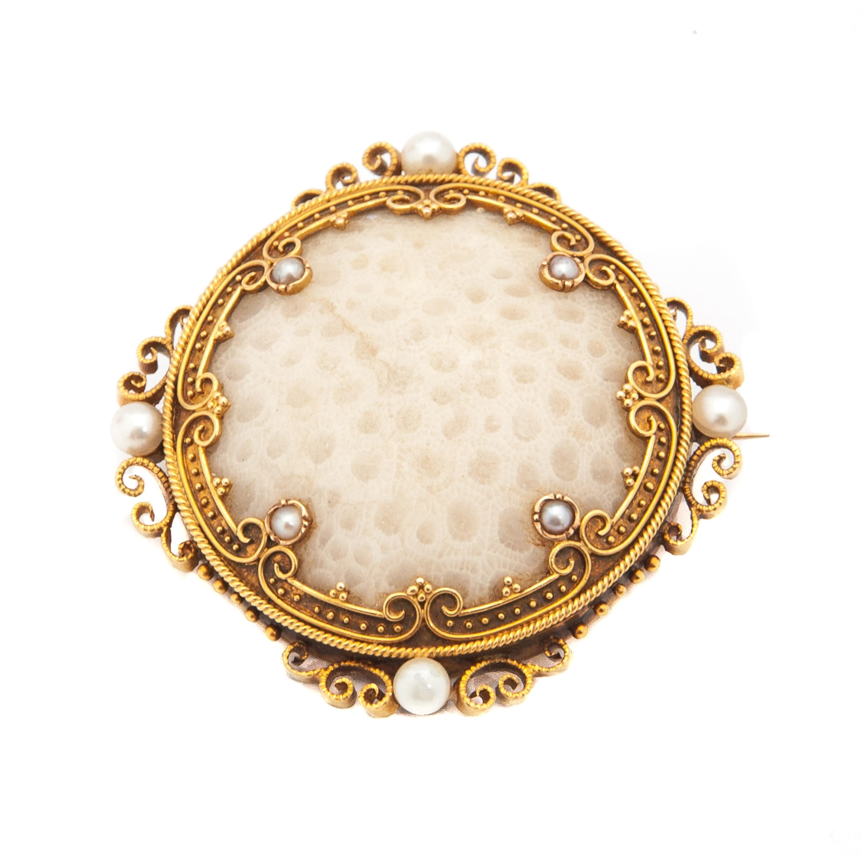 Women's or Men's Antique Fossilized White Coral 18K Gold Seed Pearl Brooch For Sale
