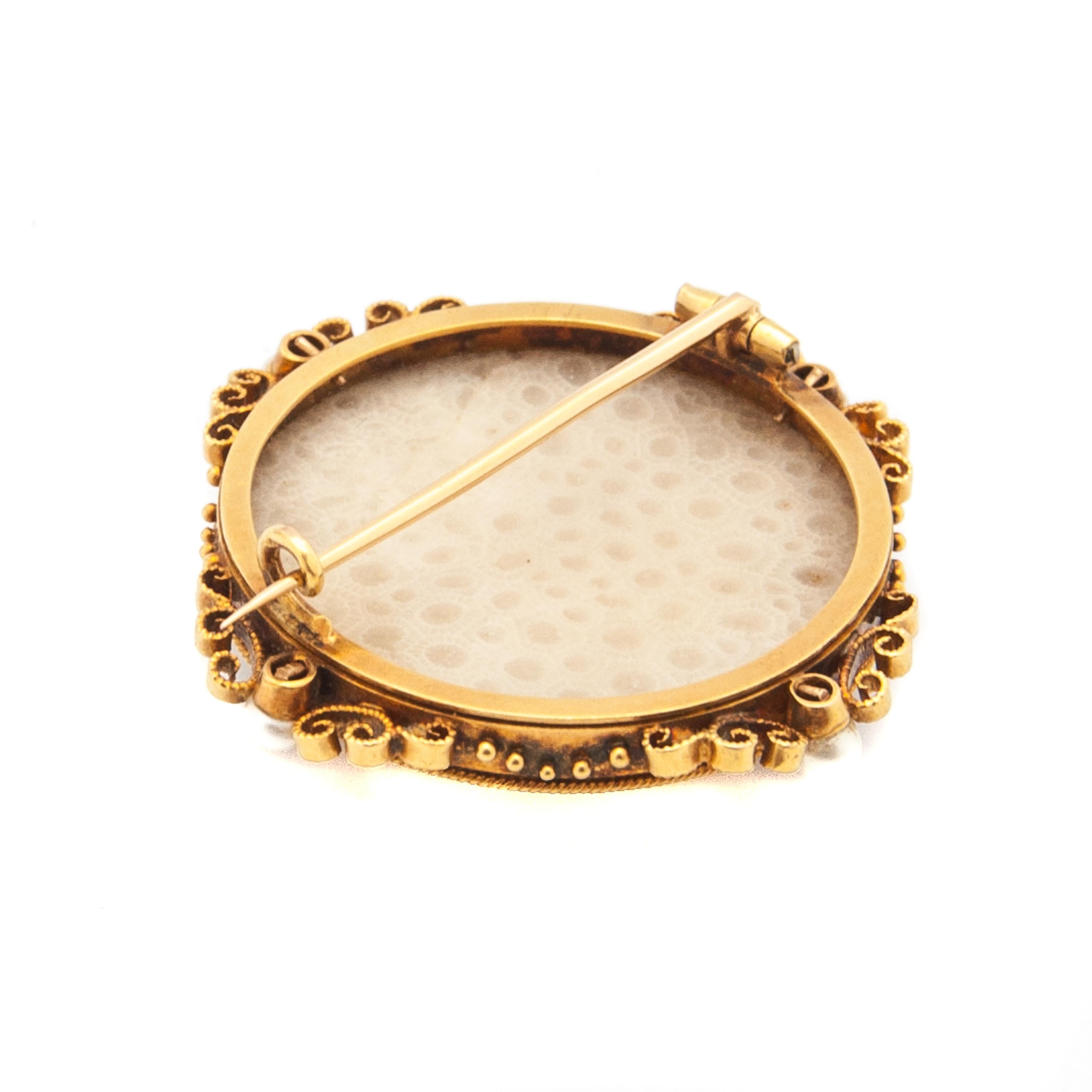 Antique Fossilized White Coral 18K Gold Seed Pearl Brooch For Sale 1