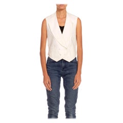 Antique Victorian White Cotton Double Breasted Mens Vest With Unique Wide Lapels, Dated