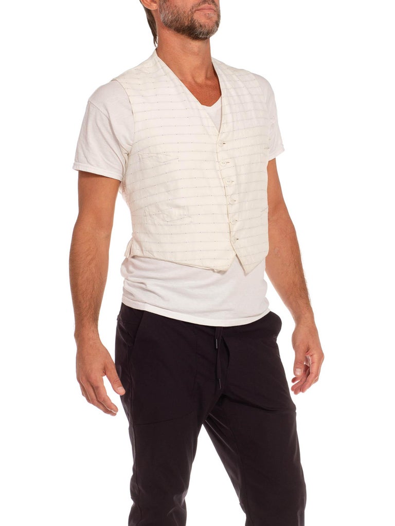 Victorian White Cotton Grey Dobby Stripe 4Pocket Men's Vest For Sale