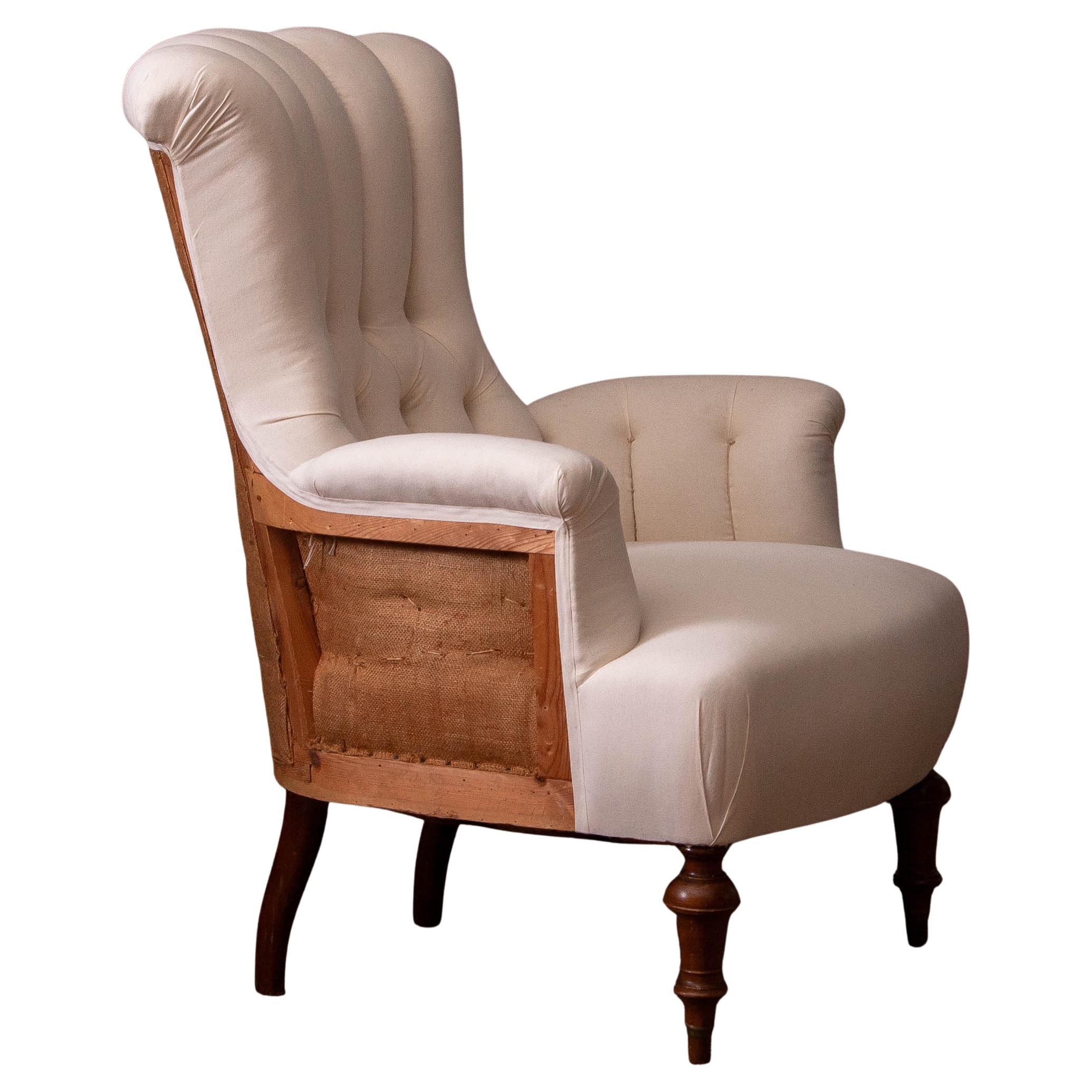 Victorian White Cotton in Deconstructed Style Tufted Scroll-Back Chair