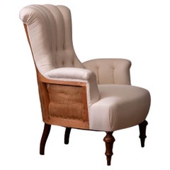 Antique Victorian White Cotton in Deconstructed Style Tufted Scroll-Back Chair