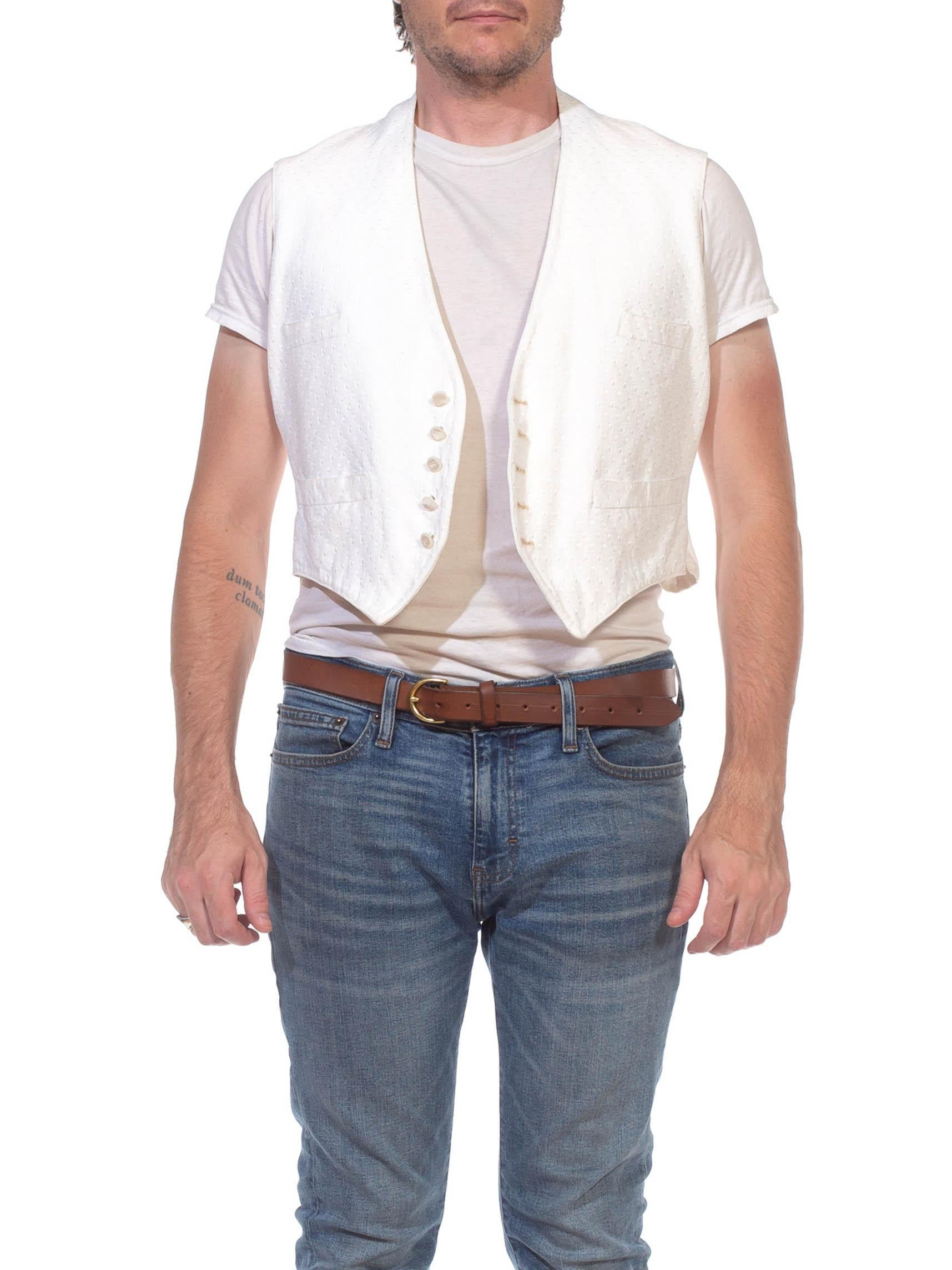 Buttons and Buckle are removable for laundering and starching.  Victorian White Cotton Mens 4-Pocket Buckle Back Vest With Beautiful Buttons & An Interesting Weave