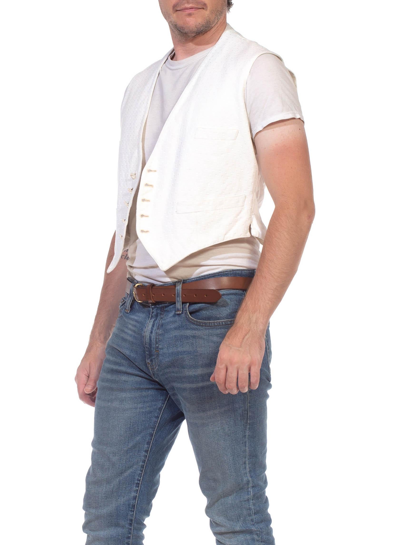 Women's or Men's Victorian White Cotton Mens 4-Pocket Buckle Back Vest With Beautiful Buttons &  For Sale