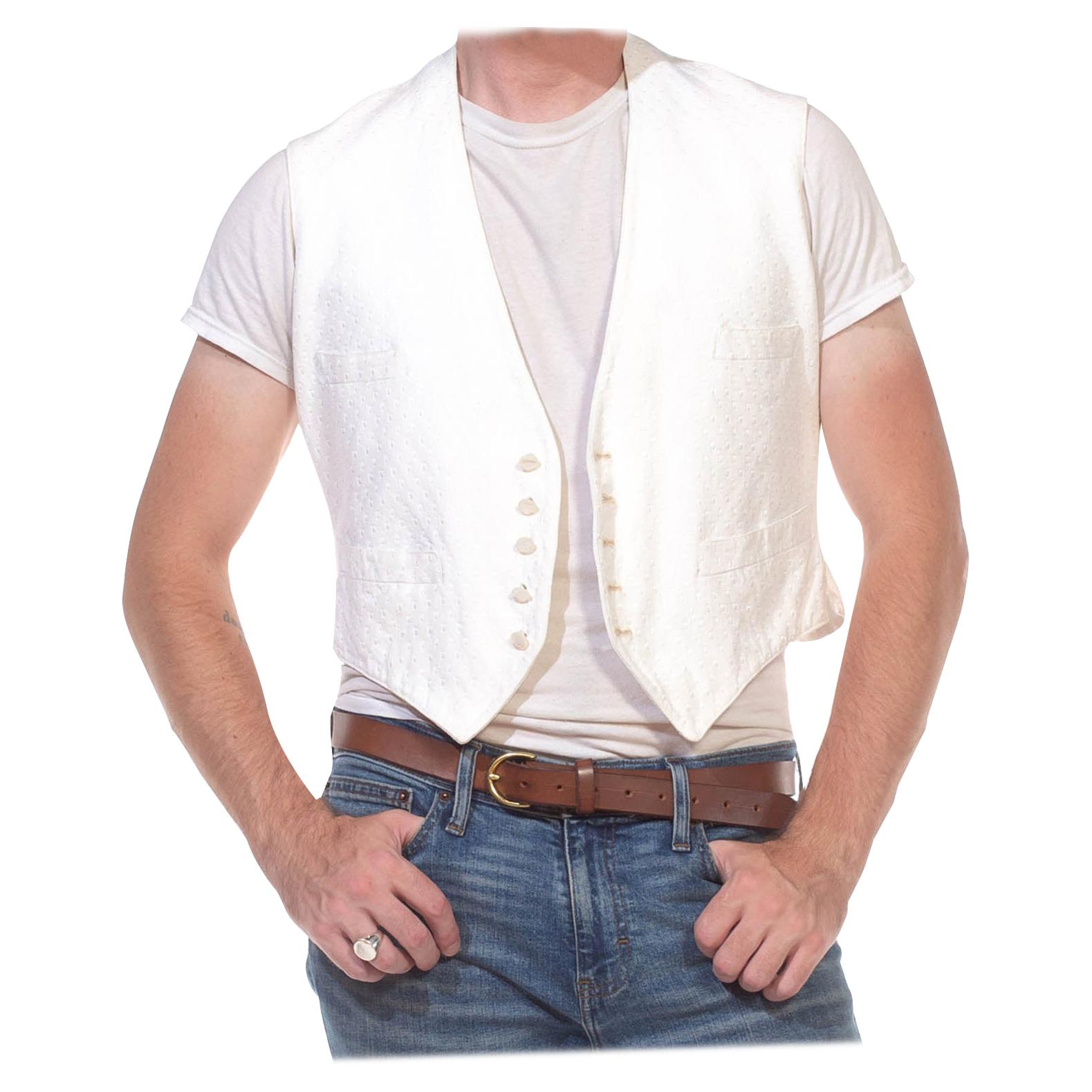 Victorian White Cotton Mens 4-Pocket Buckle Back Vest With Beautiful Buttons &  For Sale