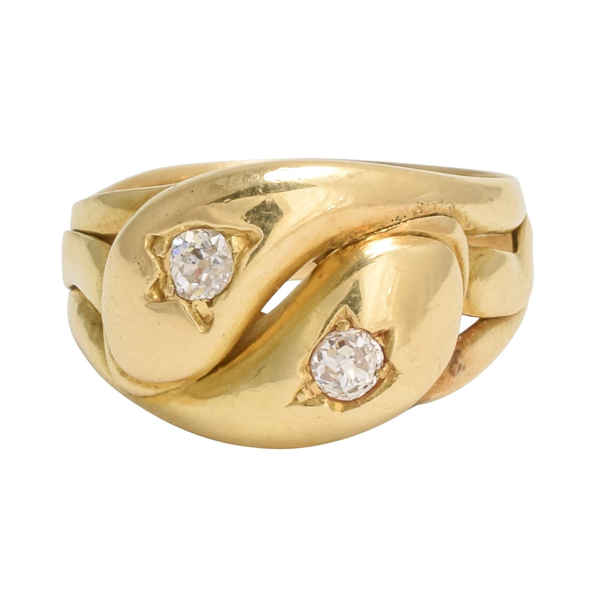 Victorian White Diamond "Twin Snake" 18 Karat Gold Ring
