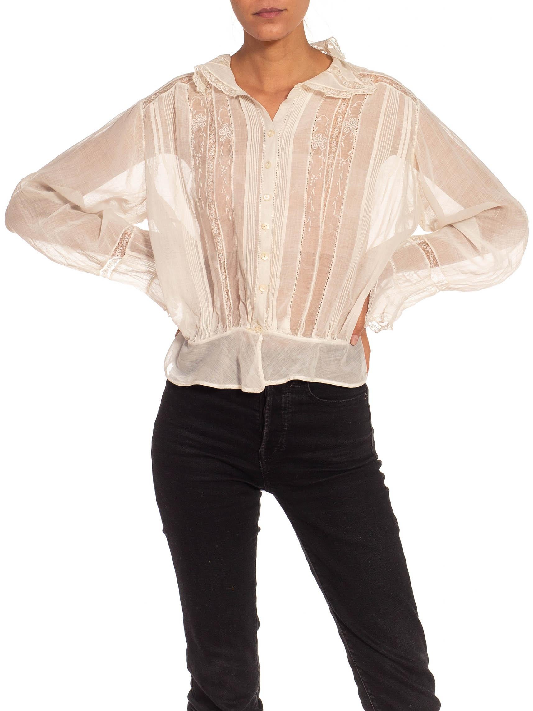 Victorian White Embroidered Cotton Button Up Shirt With Long Sleeves In Excellent Condition For Sale In New York, NY