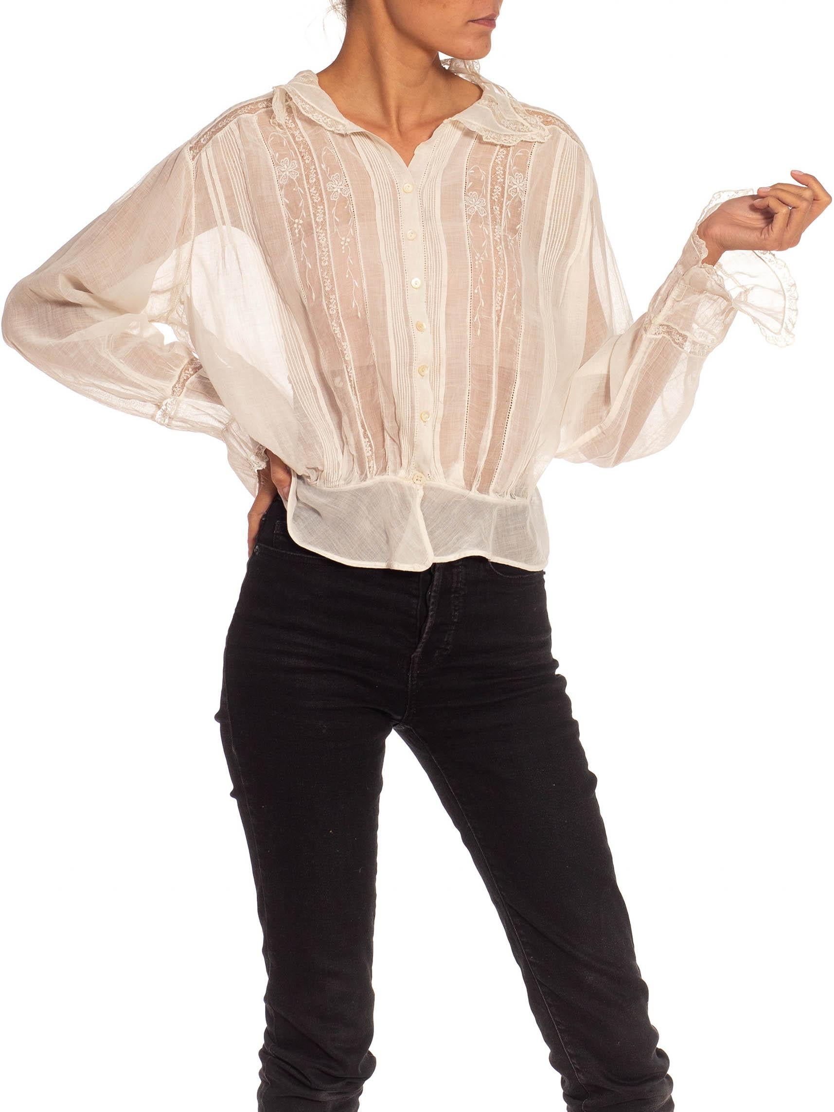 Victorian White Embroidered Cotton Button Up Shirt With Long Sleeves For Sale 1