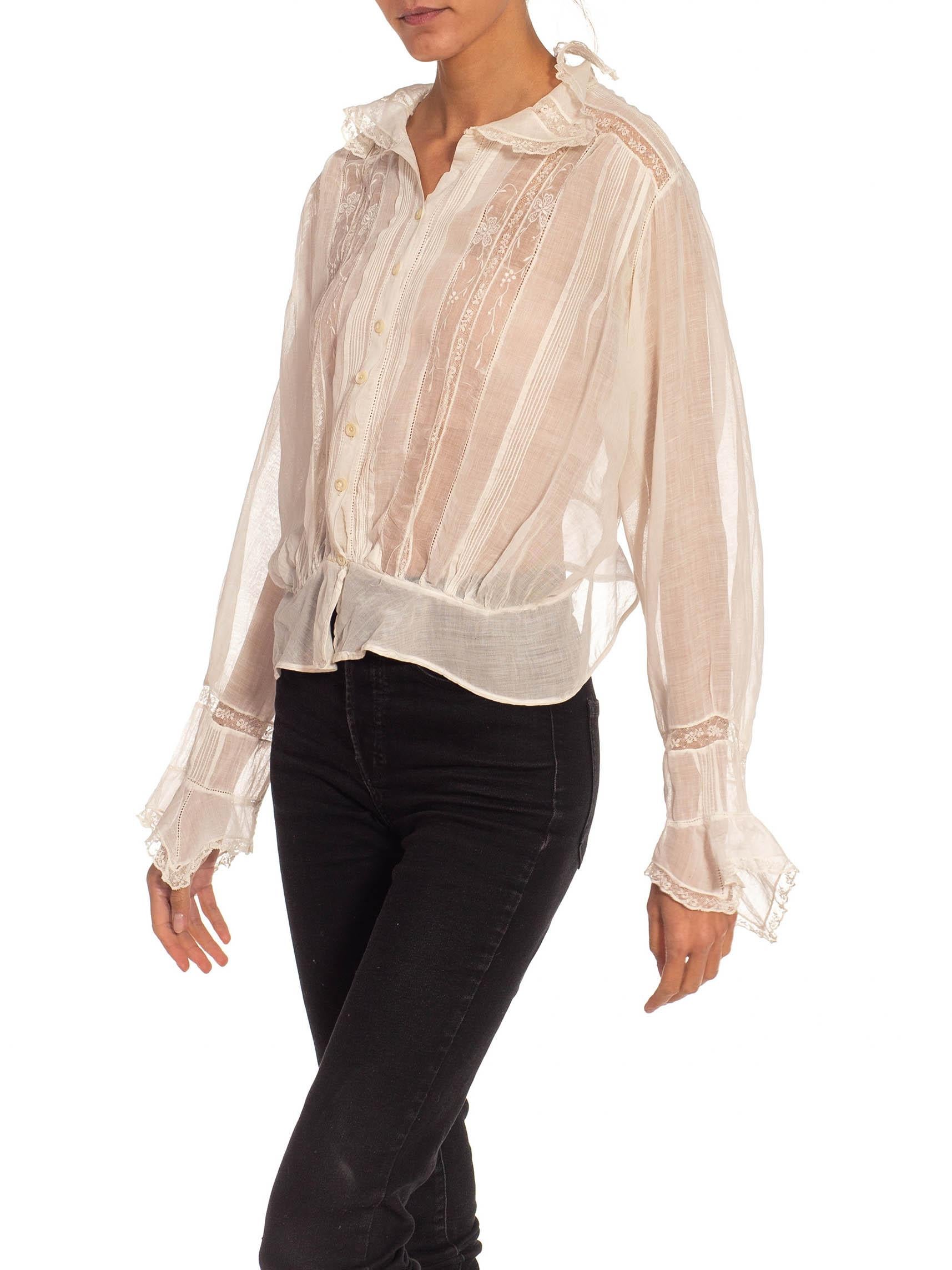 Victorian White Embroidered Cotton Button Up Shirt With Long Sleeves For Sale 4