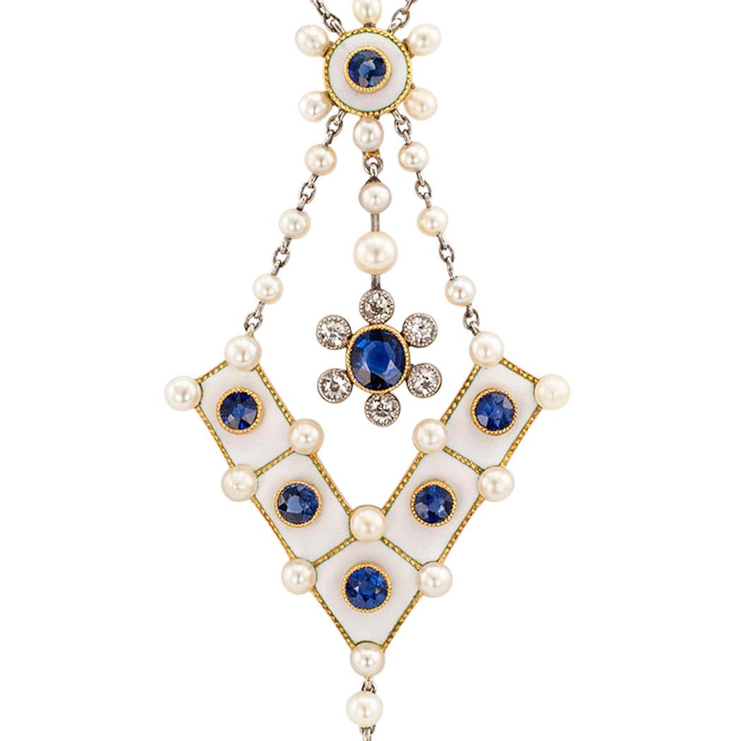 Victorian White Enamel Diamond Pearl Sapphire Gold Platinum Necklace 1
