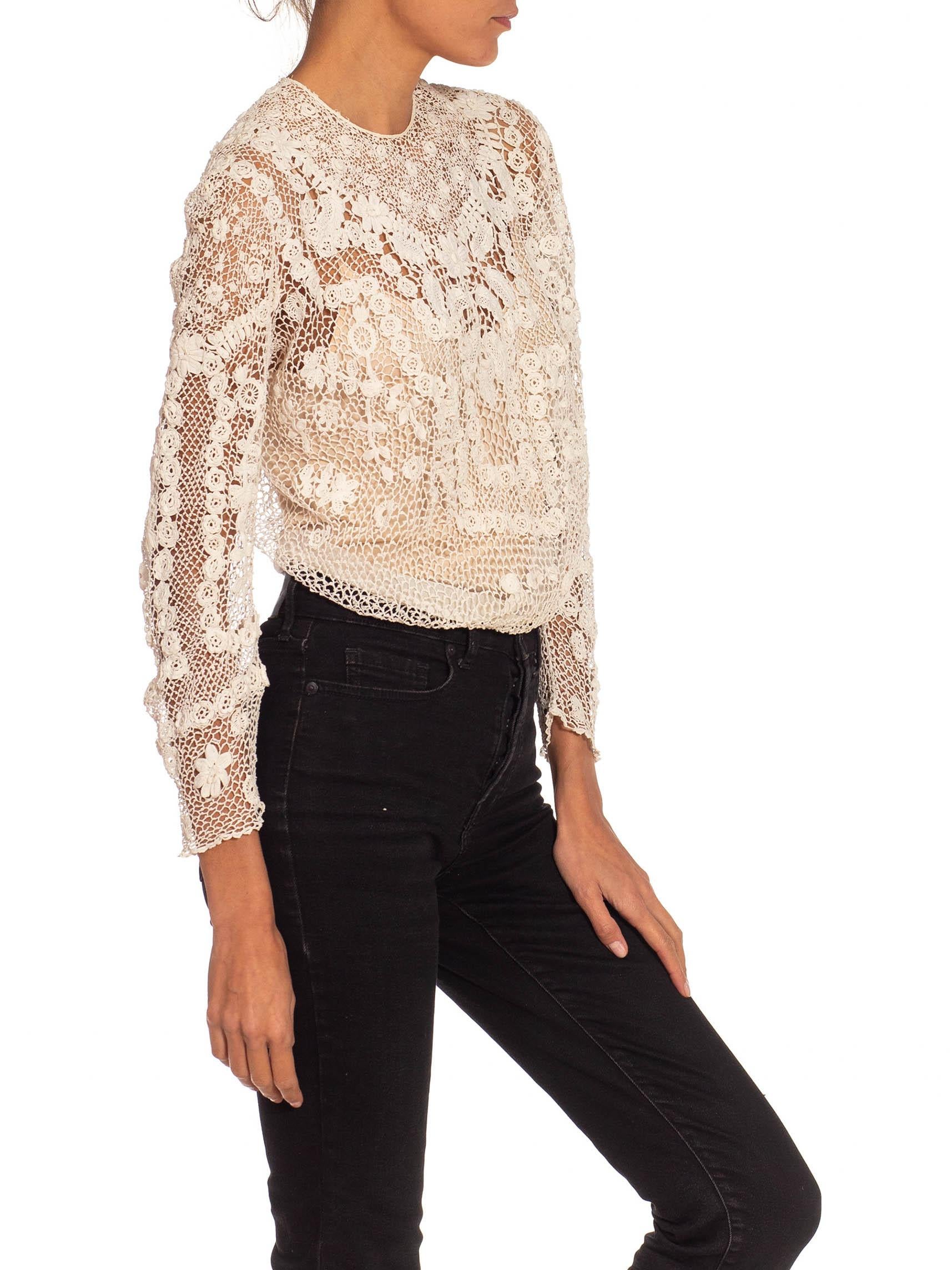 Women's Victorian White Floral Top With Long Sleeves For Sale