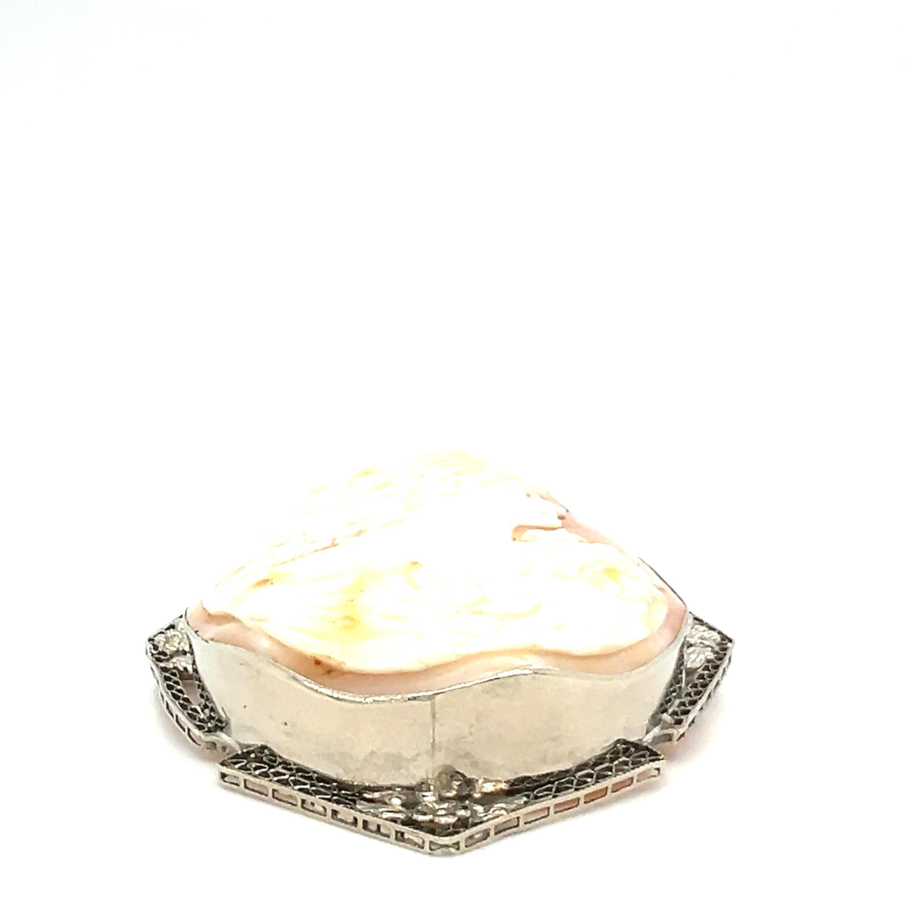 Art Deco White Gold and Cameo Shell Brooch 1920s For Sale 5