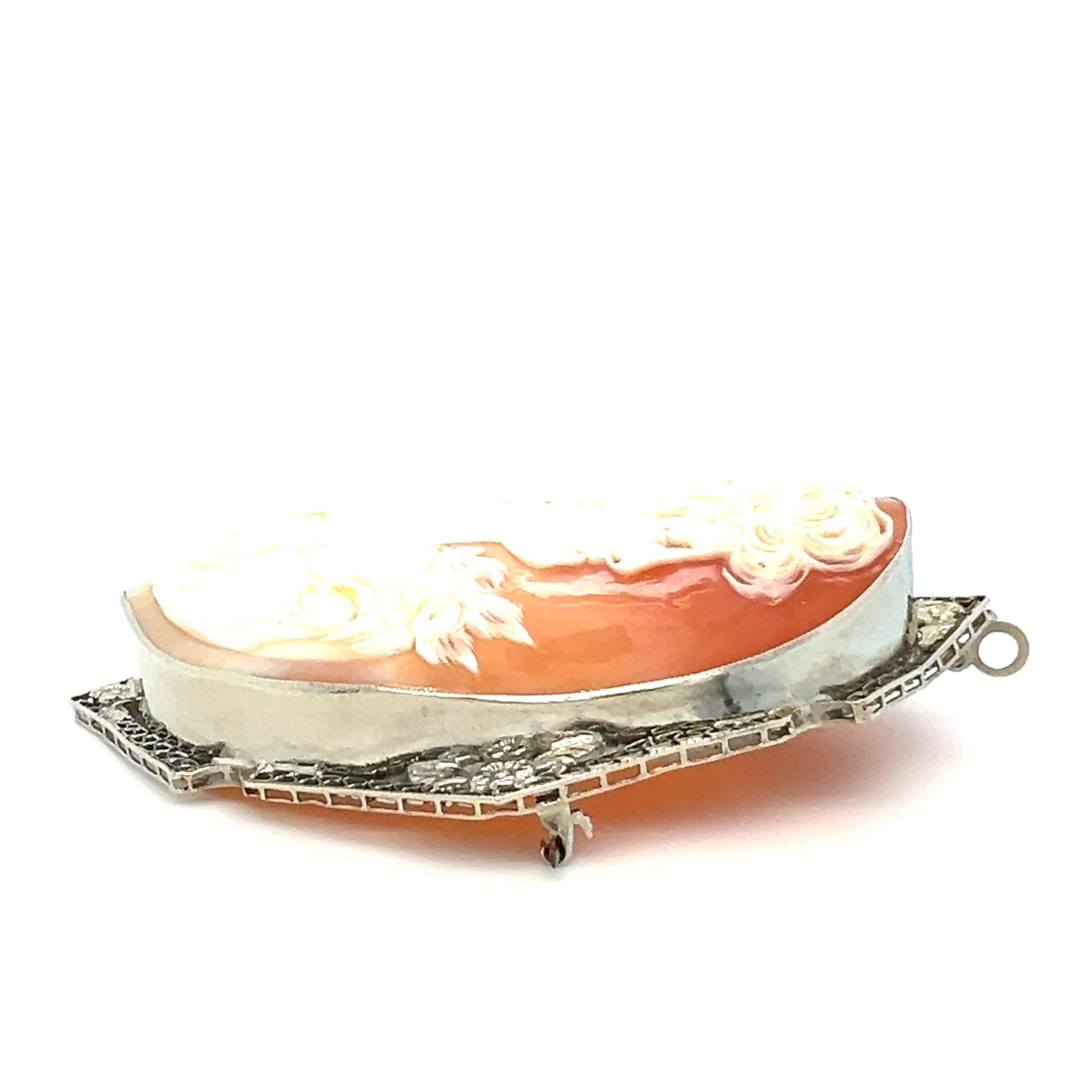 Art Deco White Gold and Cameo Shell Brooch 1920s For Sale 6