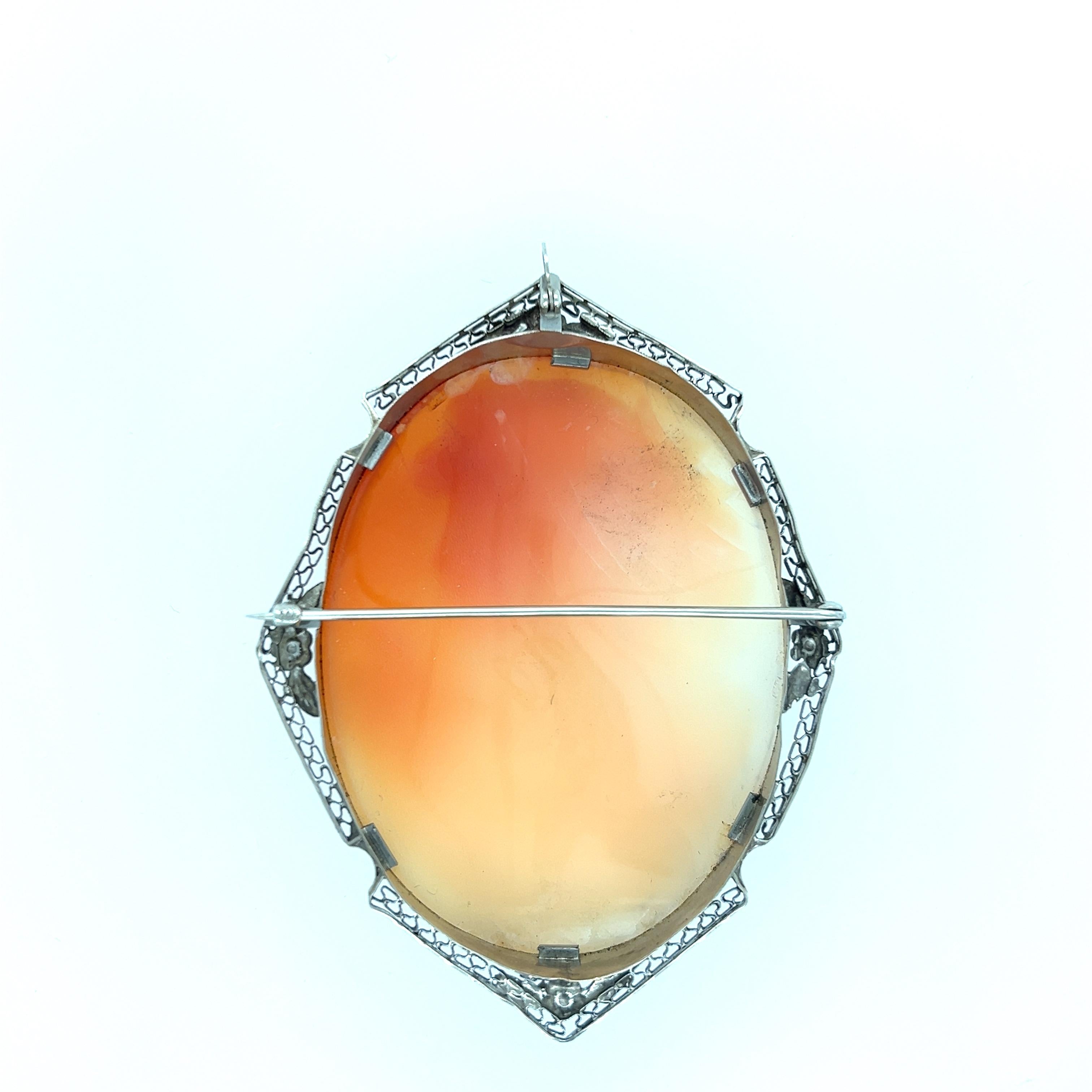 Art Deco White Gold and Cameo Shell Brooch 1920s For Sale 7